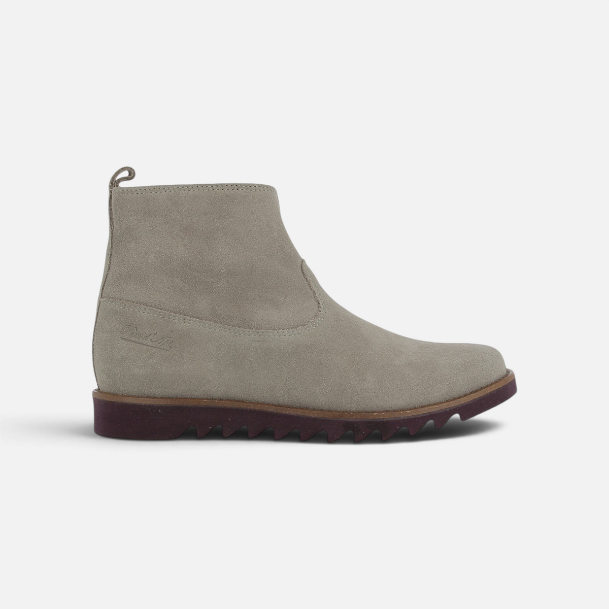 Bottines Pom d'Api Ripple en cuir velours taupe avec semelle crantée en caoutchouc marron, vue de profil.