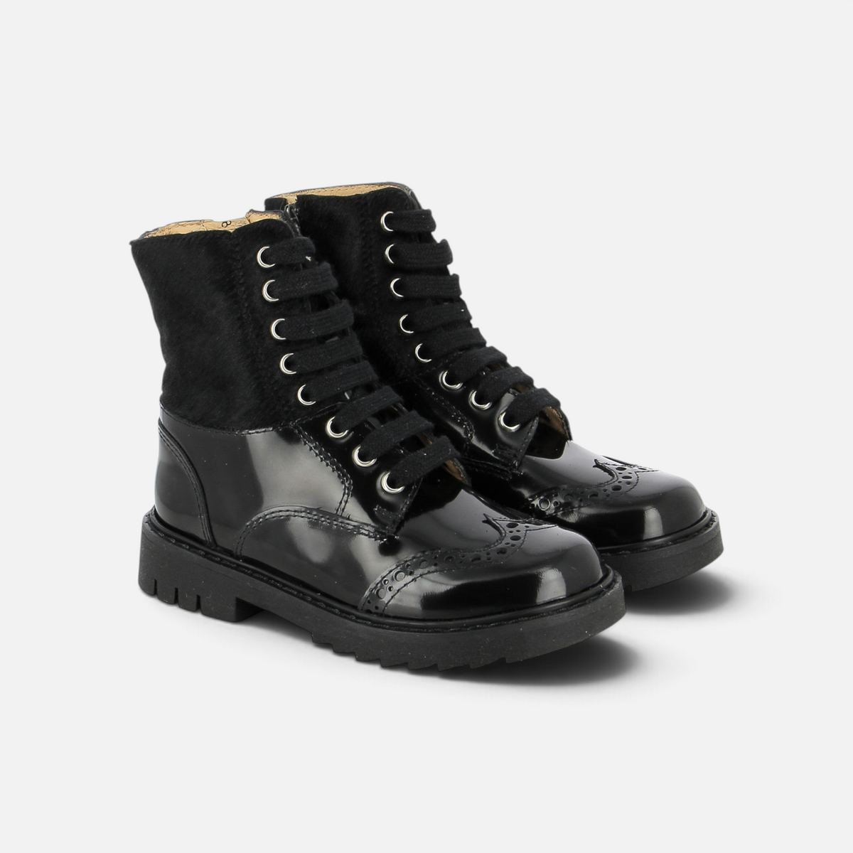 Pom d'Api id Hi Derby Boots in black patent leather and pony-style leather with a lug sole and laces