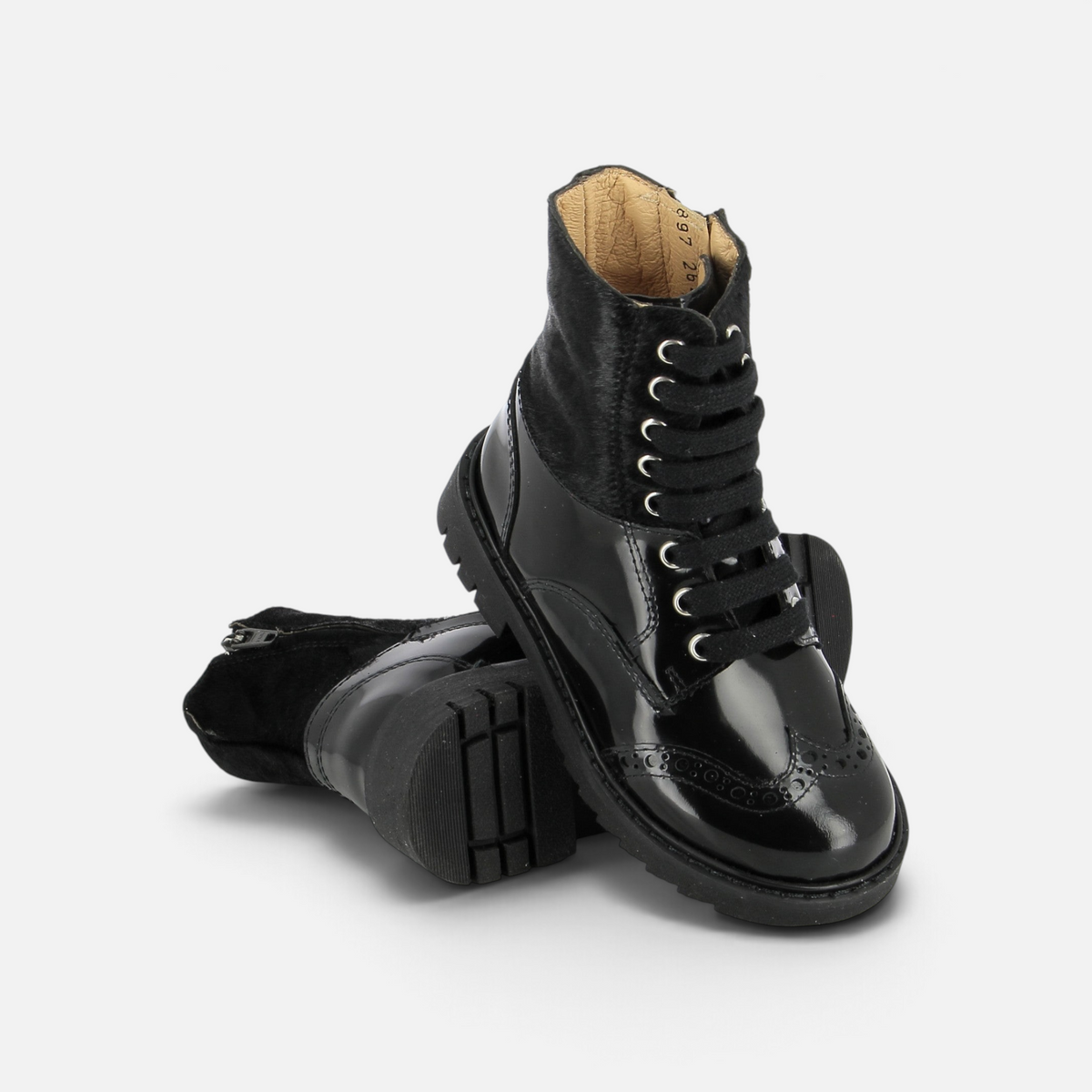 Pom d'Api id Hi Derby Boots in black patent leather and pony-style leather with a lug sole and zipper closure