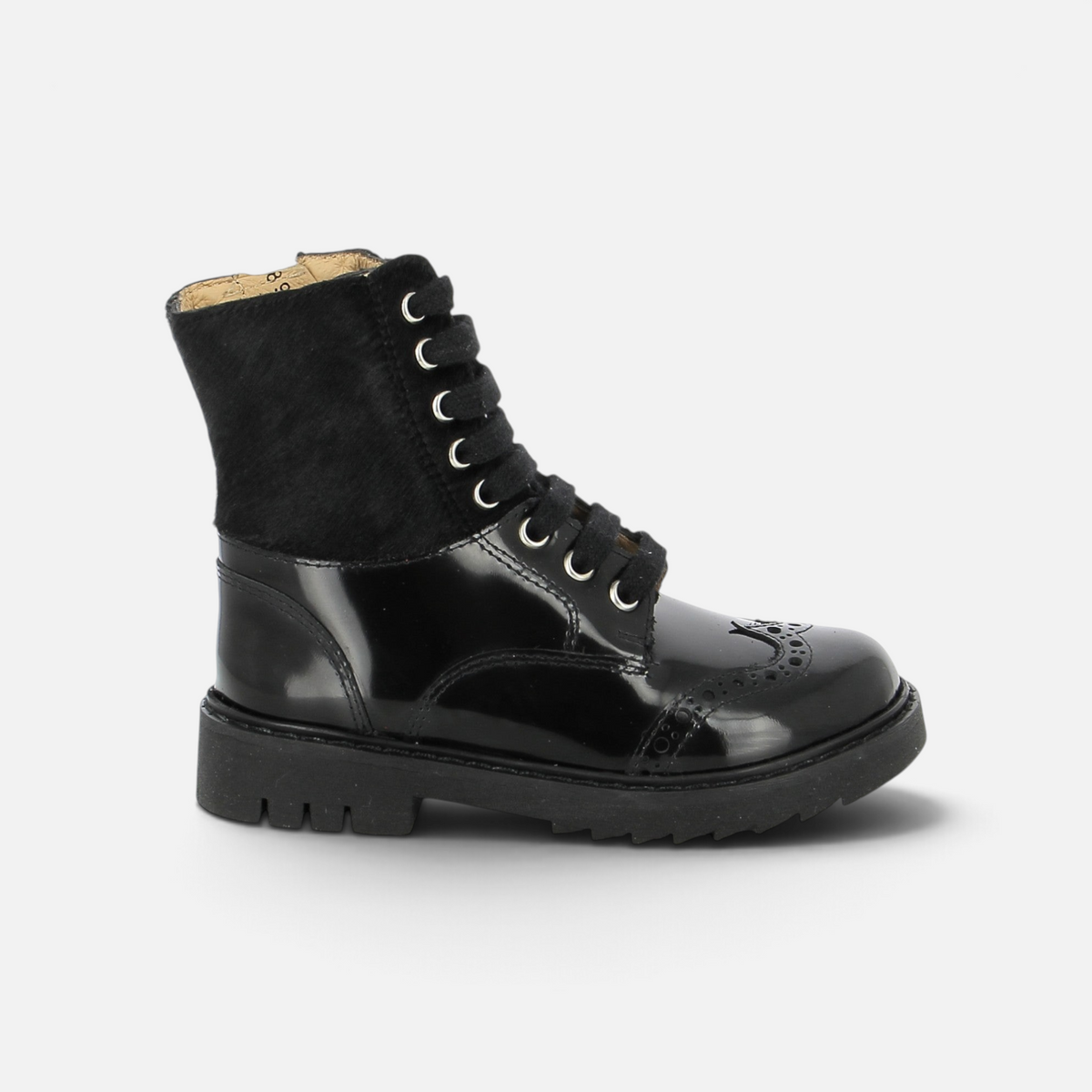 Pom d'Api id Hi Derby Boots in black patent leather and pony-style leather with a lug sole and laces