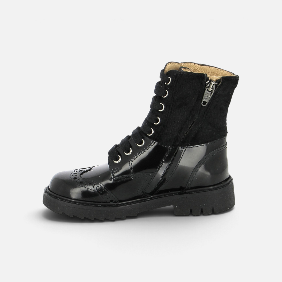 Pom d'Api id Hi Derby Boots in black patent leather and pony-style leather with a lug sole and zipper closure