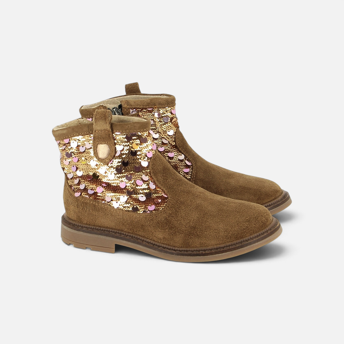 Pom d'Api ' Sister ankle boots in brown velvet and gold sequins with a side zipper