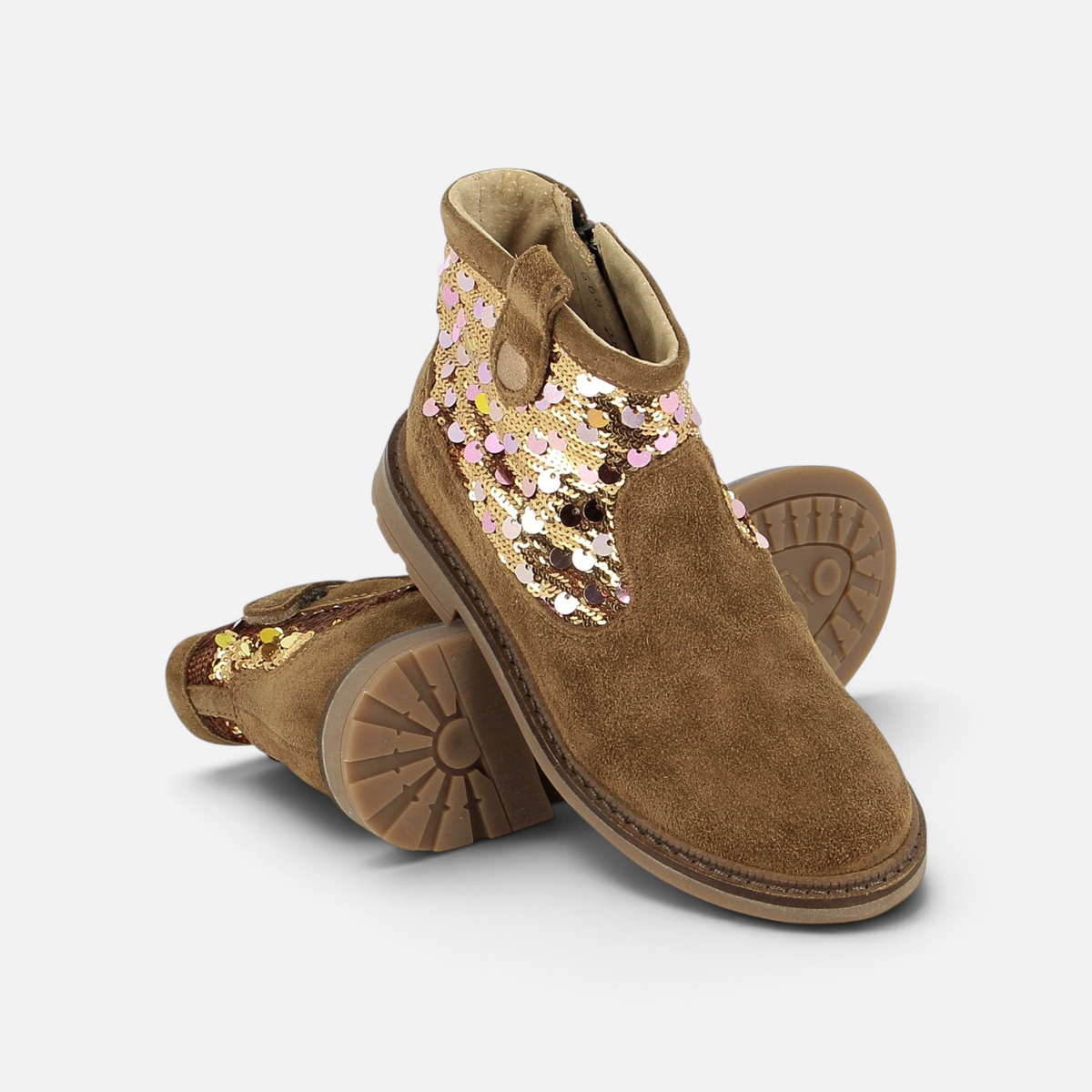Pom d'Api Sister ankle boots in brown velvet with gold and platinum sequins and a side zipper