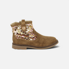Pom d'Api ' Sister ankle boots in brown velvet and gold sequins, featuring a mix of materials and a side zipper.