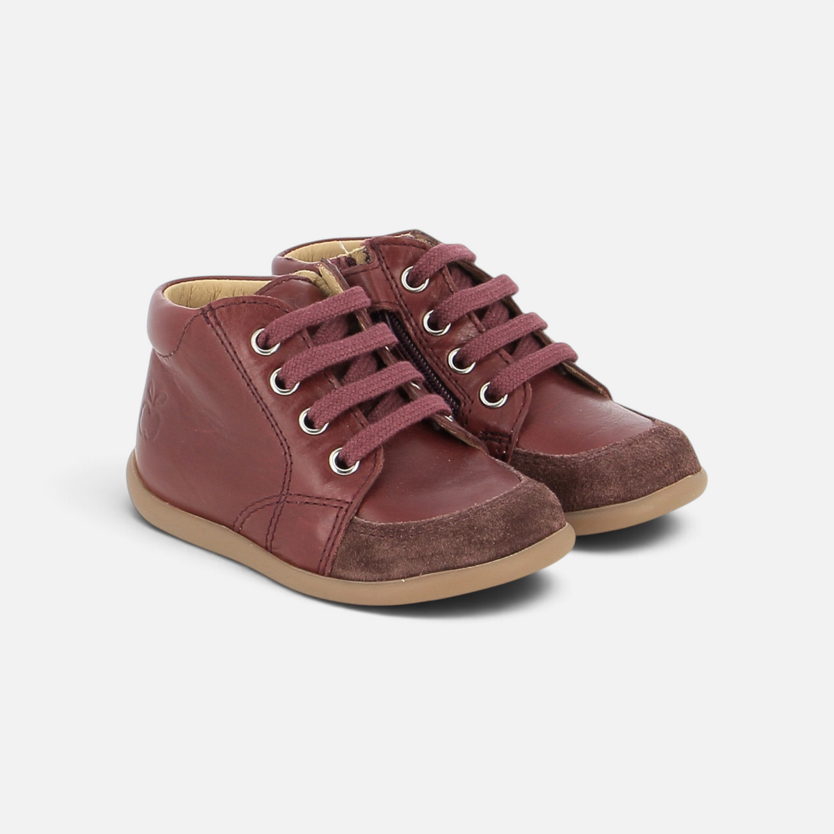 Pom d'Api Stand-Up Zippy First-Step Shoes in burgundy leather with laces and a side zipper, flexible sole