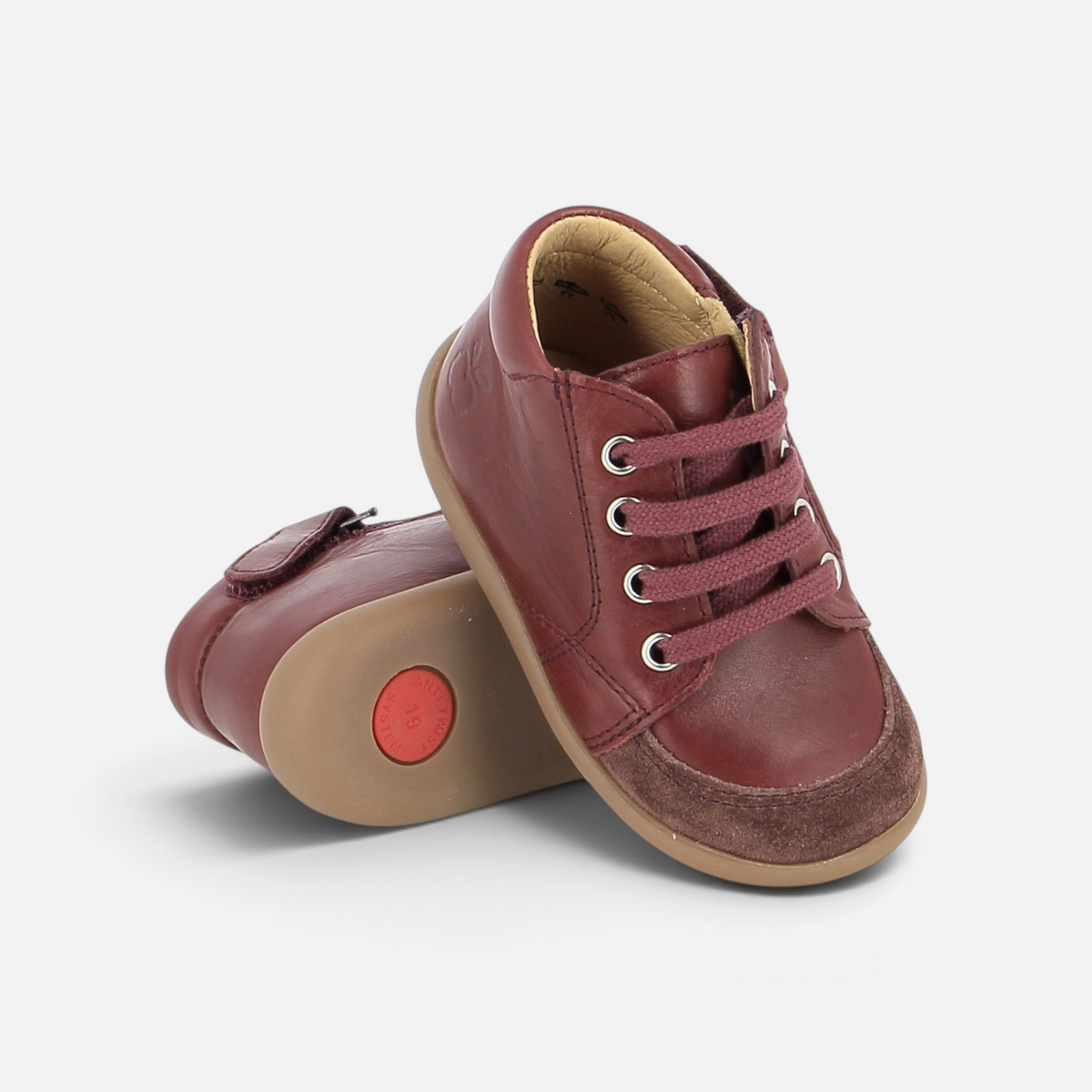 Pom d'Api Bordeaux leather first-step shoes with laces, side zipper, and flexible, non-slip sole