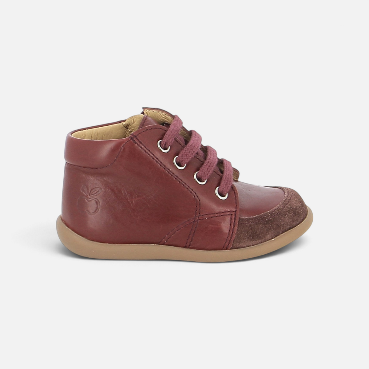Pom d'Api , burgundy leather first-step shoes with laces and a flexible, non-slip sole