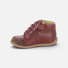 Pom d'Api , burgundy leather first-step shoes with laces and a side zipper on a flexible sole