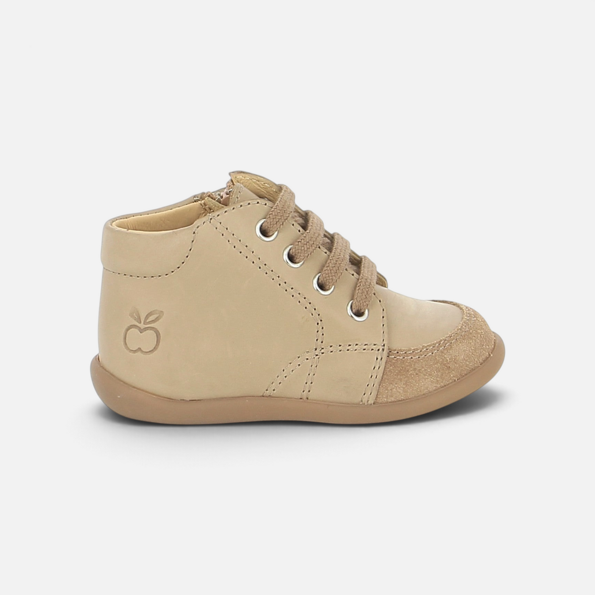 Pom d'Api First Steps Shoes in beige nappa leather with laces, a side zipper, and a flexible, non-slip sole