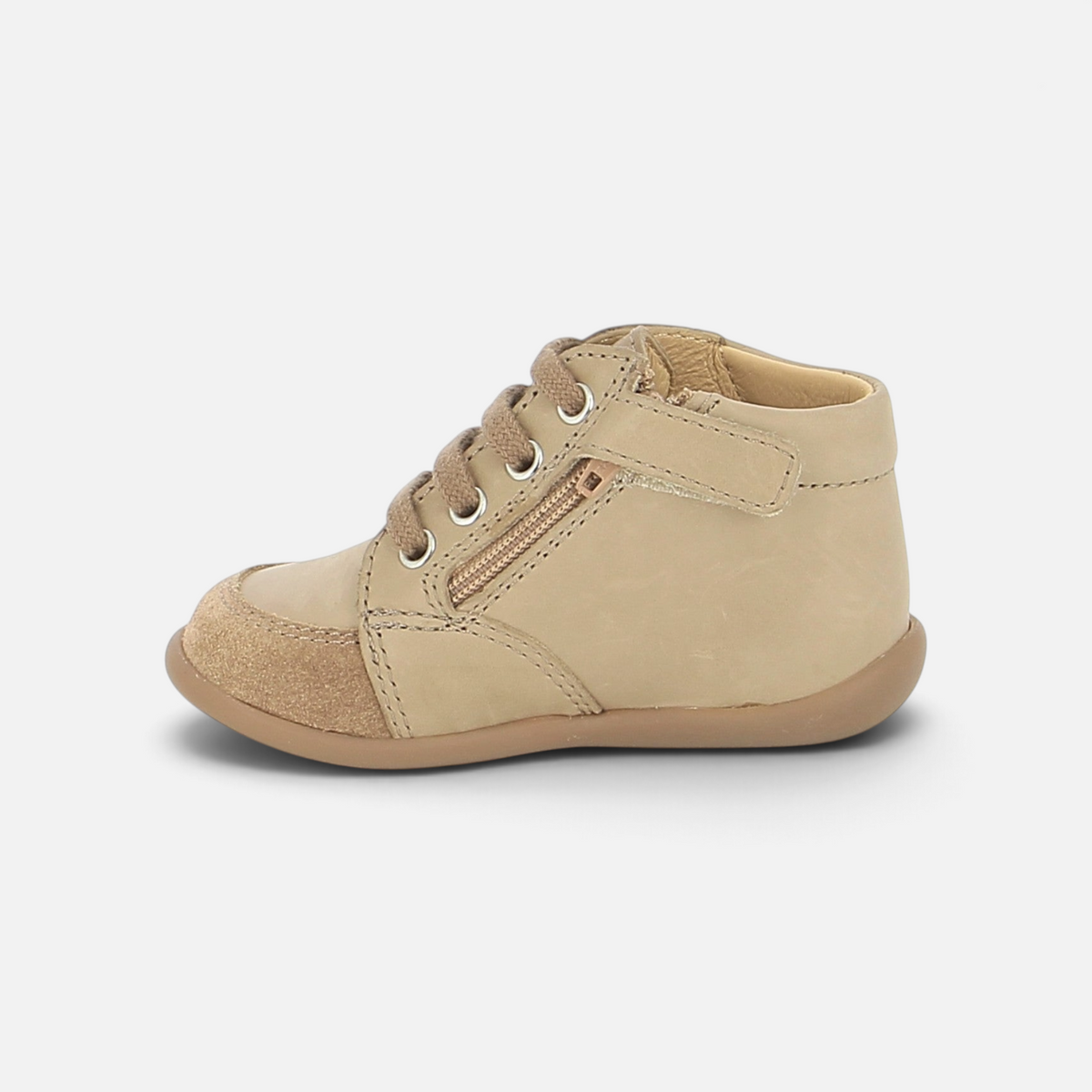 Pom d'Api First Steps Shoes in buff nappa leather with a side zipper and a flexible, non-slip sole