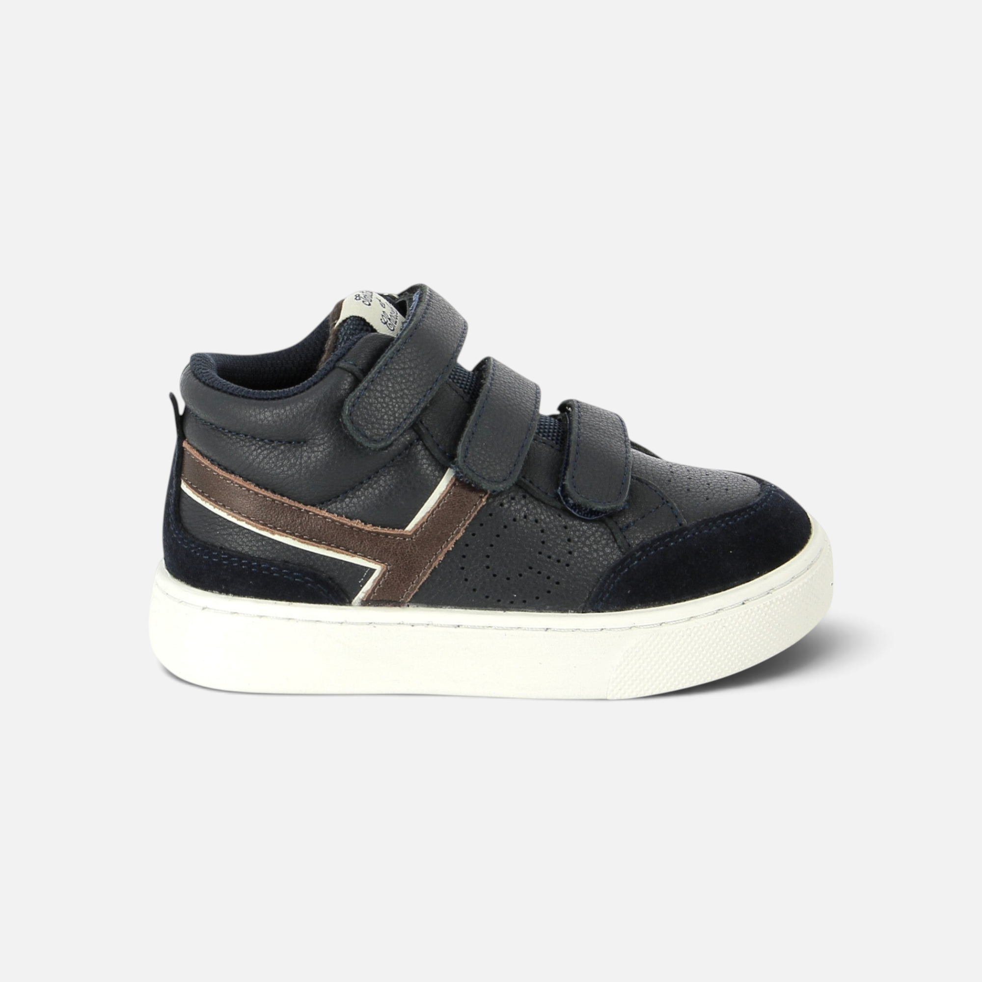 Pom d'Api TC 17 HI EASY hoge sneakers van blauw en chocoladebruin leer met klittenbandsluitingen en een witte zool