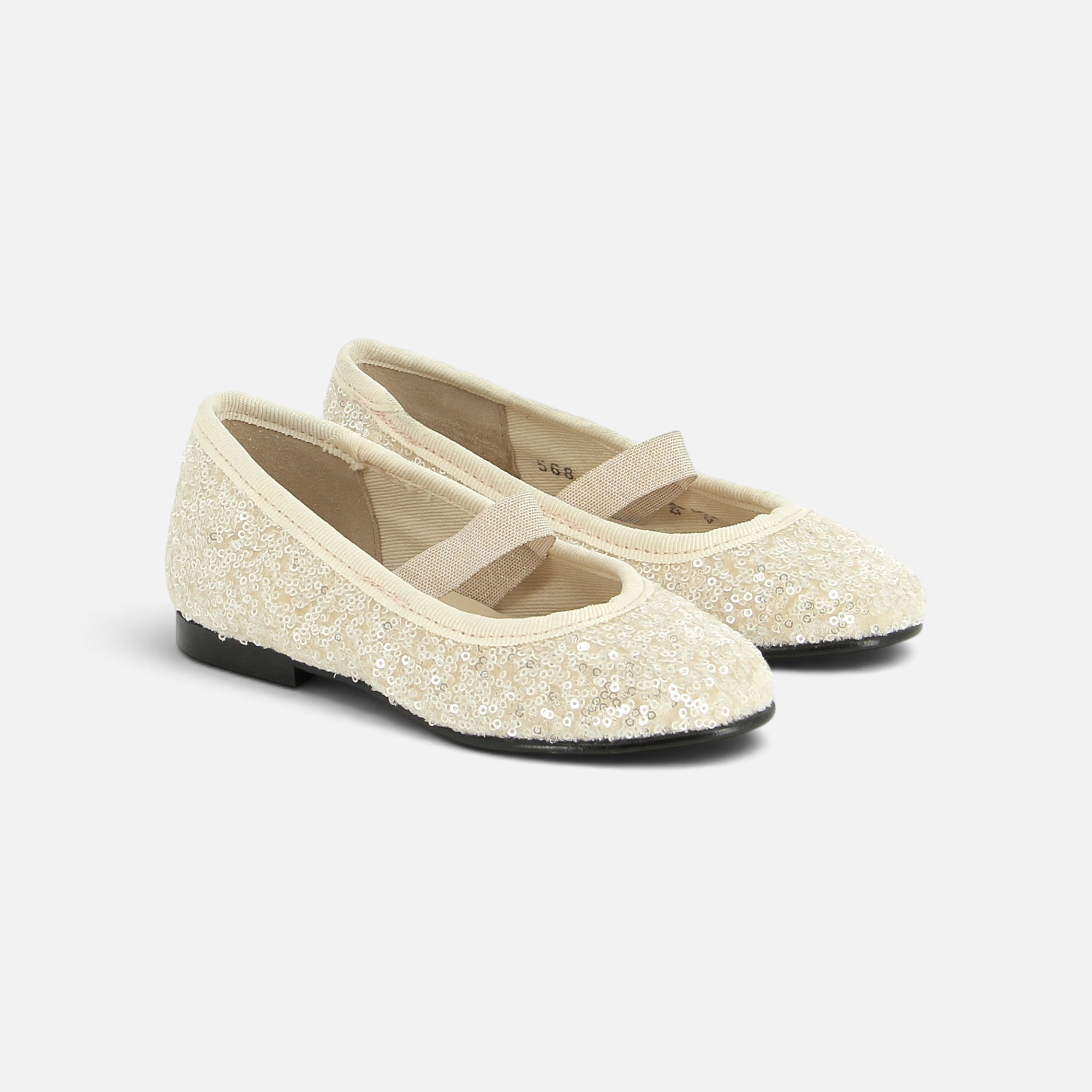 Pom d'Api -ballerina's voor meisjes van crèmekleurig fluweel met pailletten, een Salomé-riempje en een platte zool