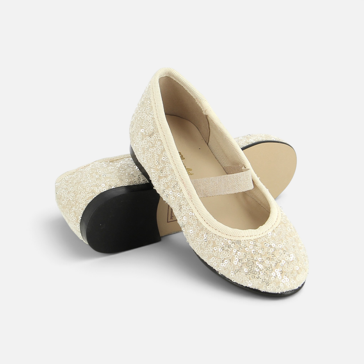 Pom d'Api -ballerina's voor meisjes van crèmekleurig fluweel met pailletten, een Salomé-riempje en een zwarte zool