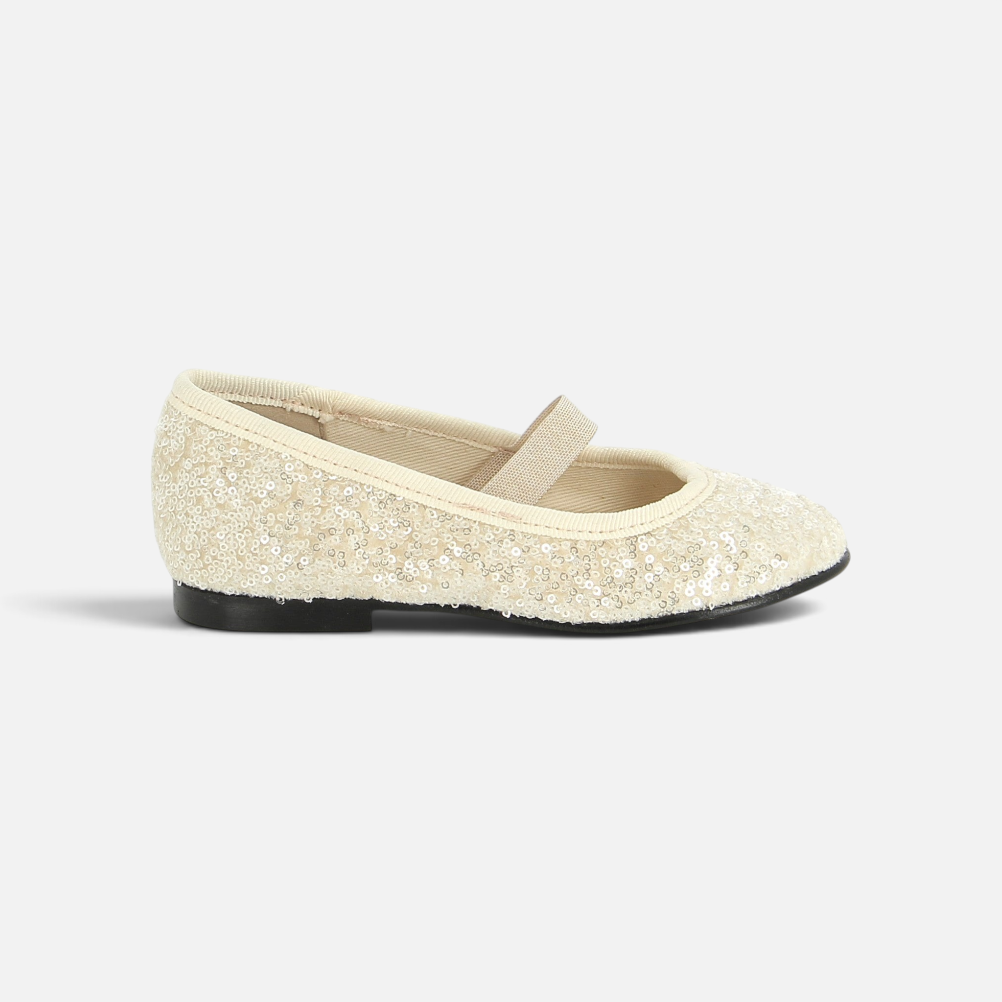 Pom d'Api -ballerina voor meisjes, model TC Flash Venise, van crèmekleurig fluweel met pailletten, met Salomé-riempje en platte zool