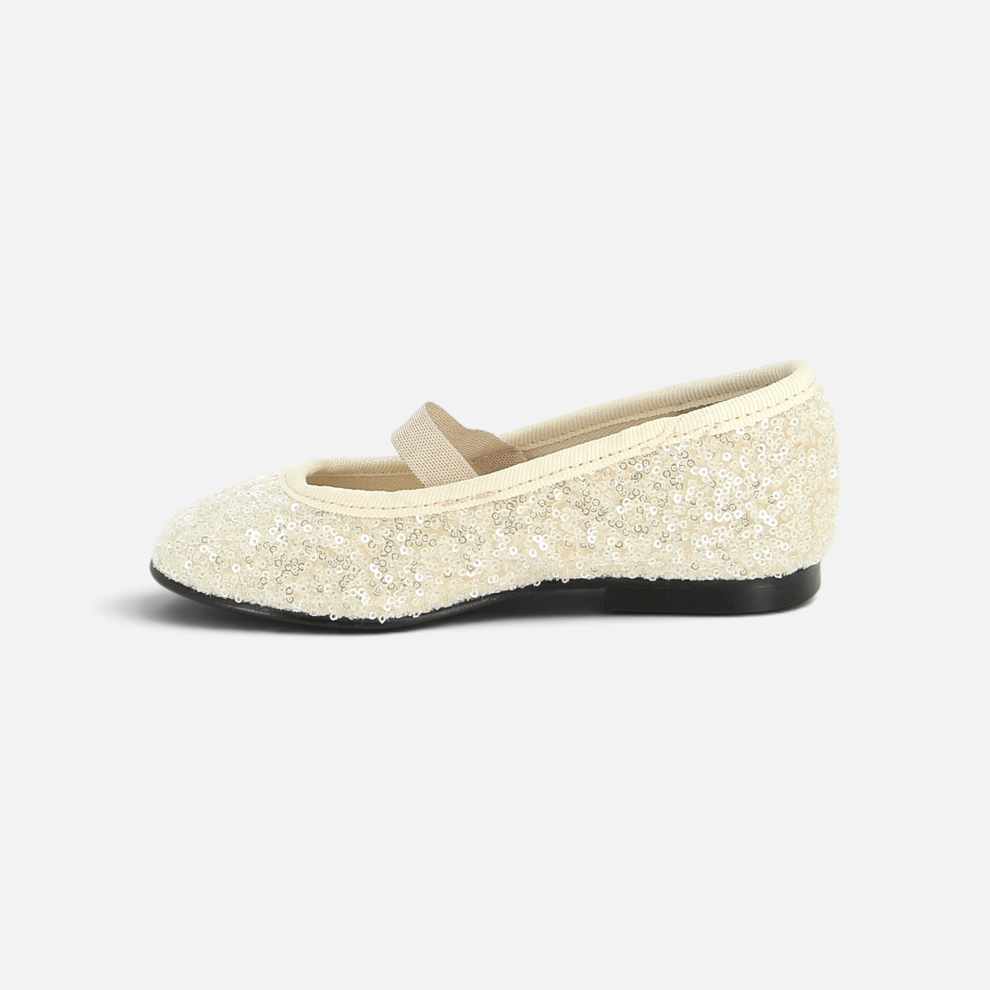 Pom d'Api -ballerina ‘TC Flash Venise’ van crèmekleurig fluweel met pailletten, een Salomé-riempje en een platte zool