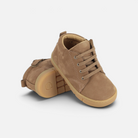 Pom d'Api Teko Zip barefoot shoes in light brown nubuck with laces, a side zipper, and a flexible rubber sole