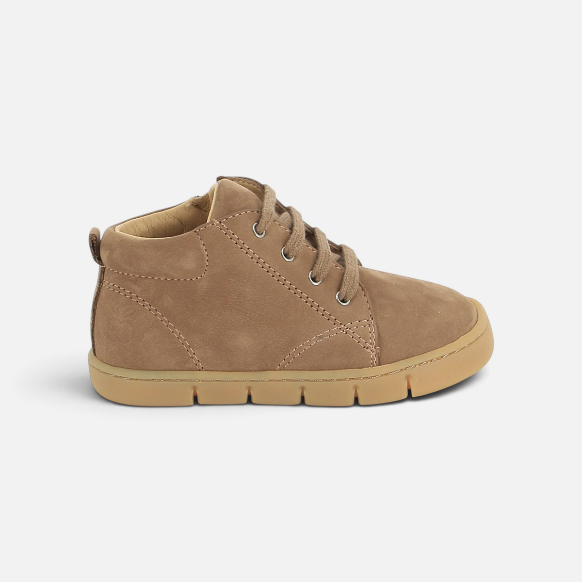 Pom d'Api Teko barefoot shoe in light brown nubuck with laces, a side zipper, and a flexible rubber sole