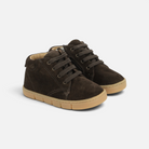 Chaussures barefoot Pom d'Api Teko Zip en velours marron foncé avec lacets et fermeture éclair latérale