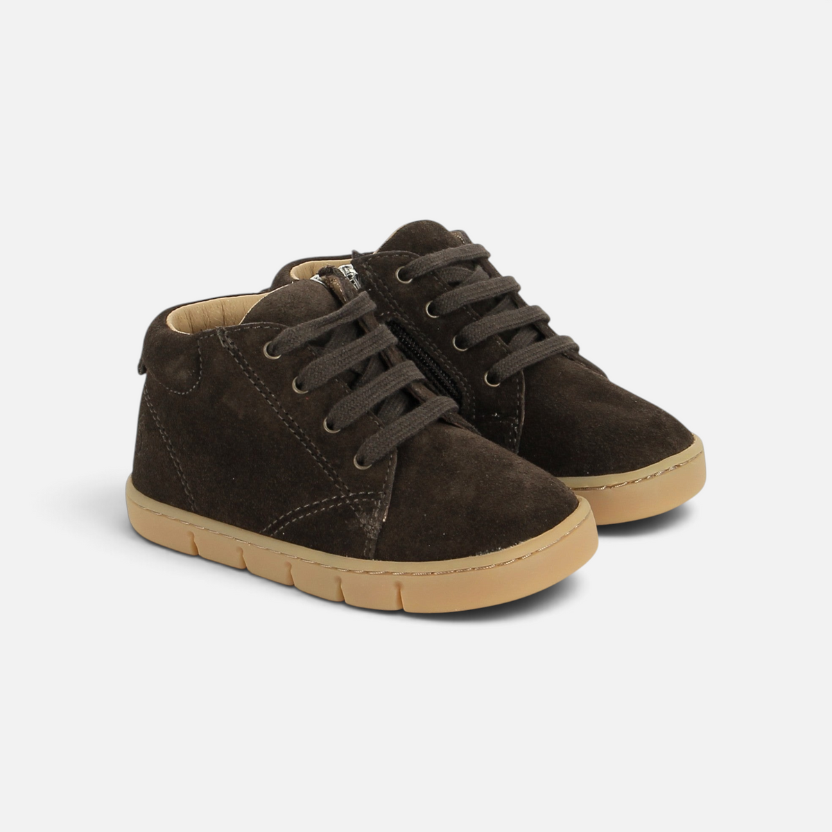 Chaussures barefoot Pom d'Api Teko Zip en velours marron foncé avec lacets et fermeture éclair latérale