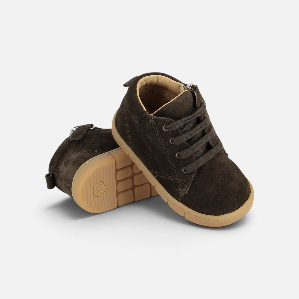 Chaussures barefoot Pom d'Api Teko Zip en velours marron foncé avec semelle souple en caoutchouc naturel