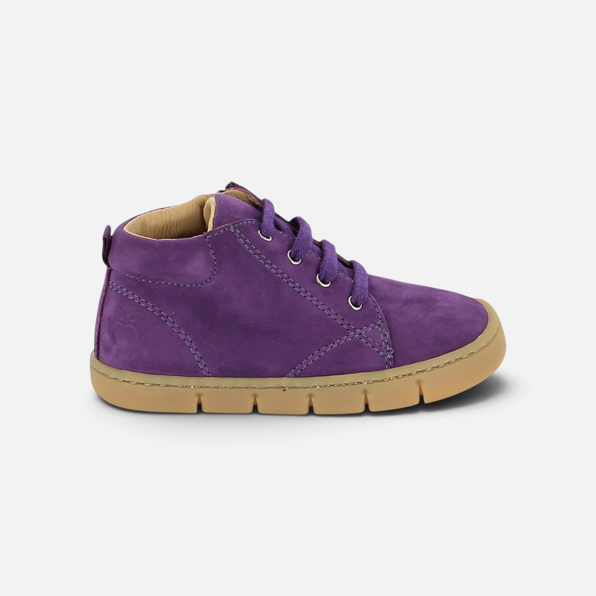 Pom d'Api Teko Zip barefoot shoe in purple suede with laces, side zipper, and flexible sole