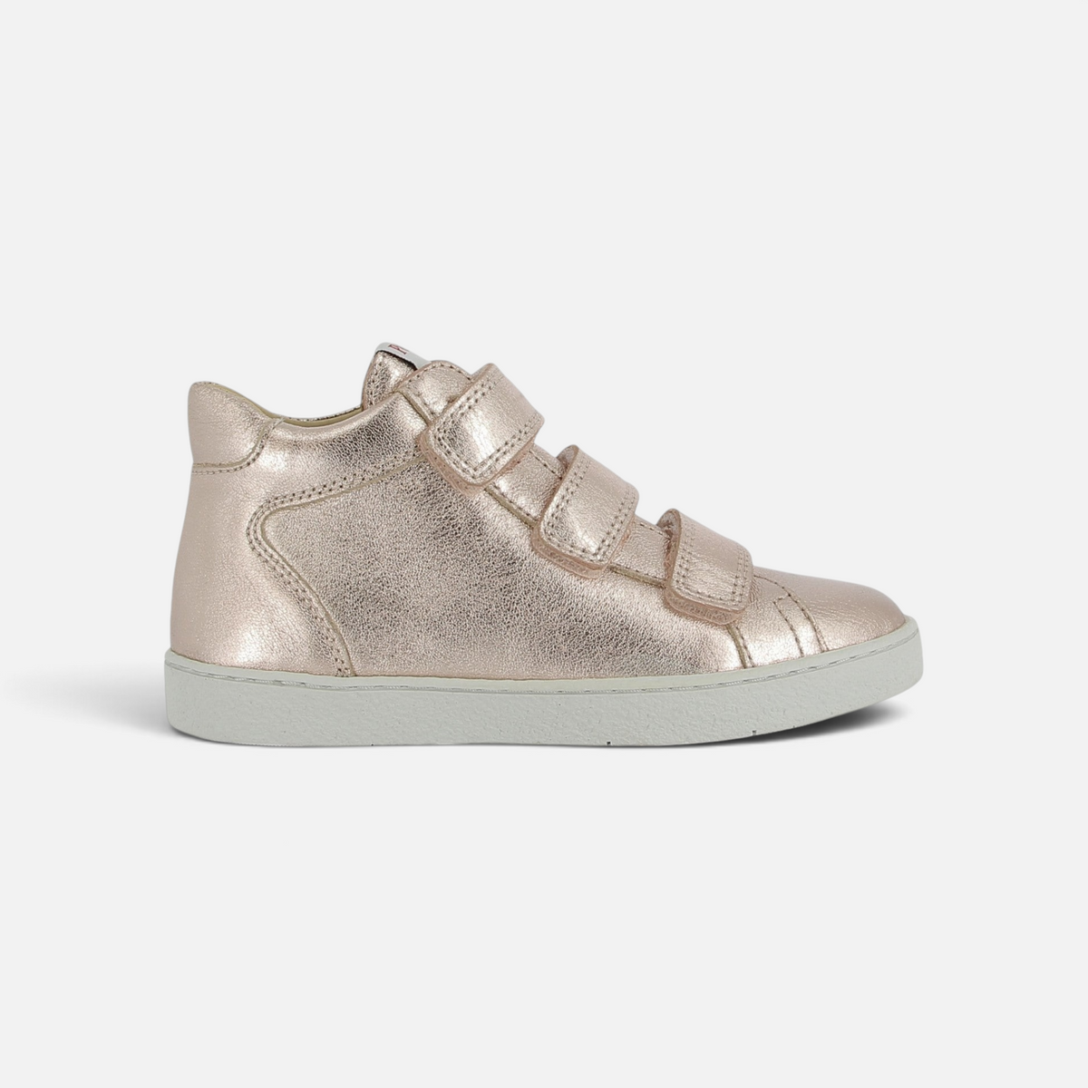 Baskets montantes Pom d'Api pour enfant en cuir laminé couleur cuivre avec fermetures à scratch et semelle souple