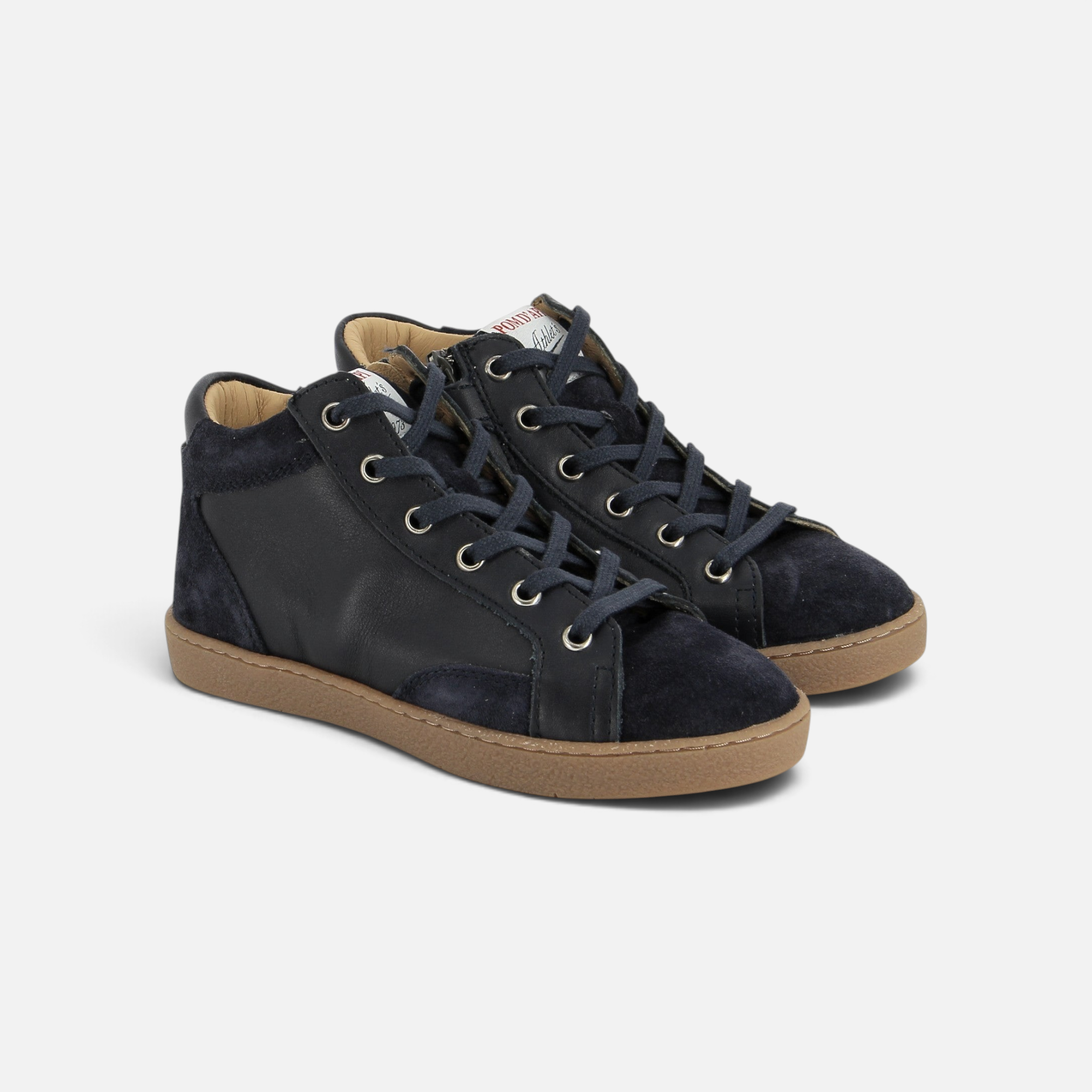Baskets montantes Pom d'Api Top Touch en cuir velours et nappa bleu marine avec lacets et fermeture éclair latérale