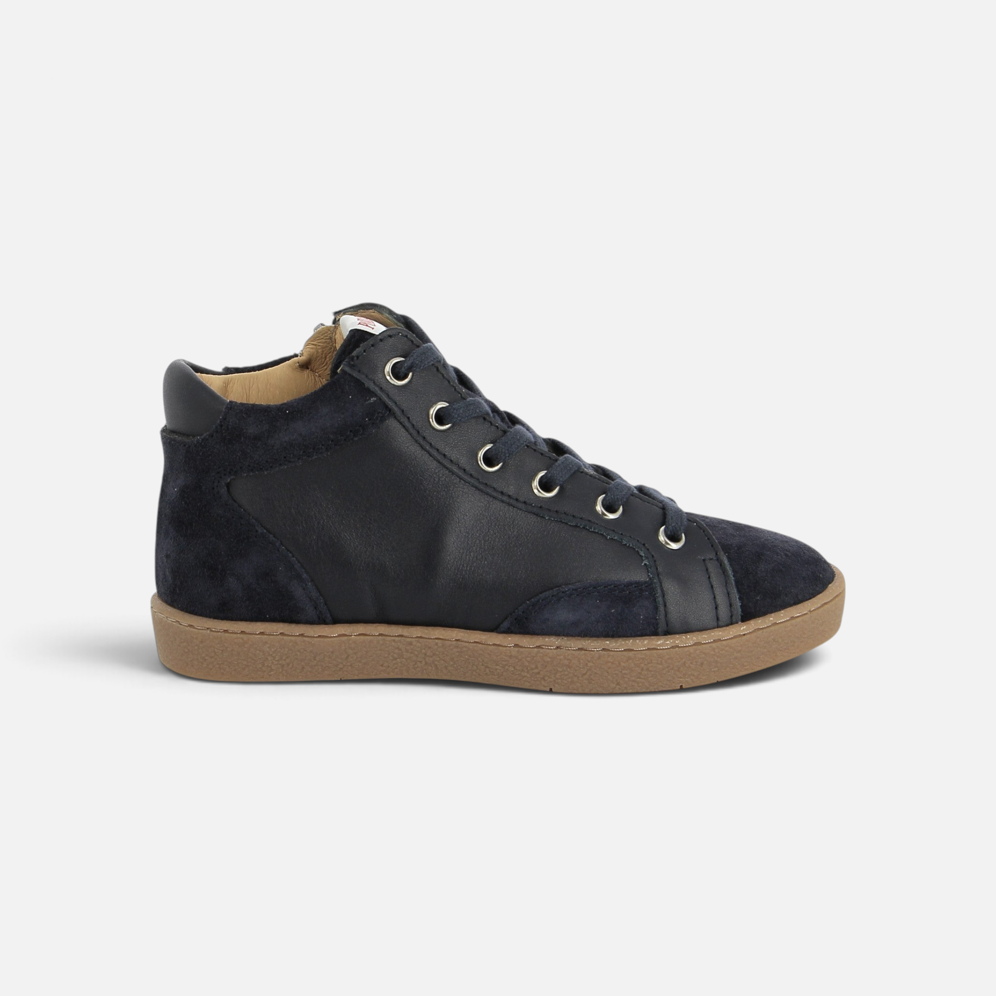 Basket montante Pom d'Api marine en cuir nappa et velours avec semelle en caoutchouc souple et fermeture zippée