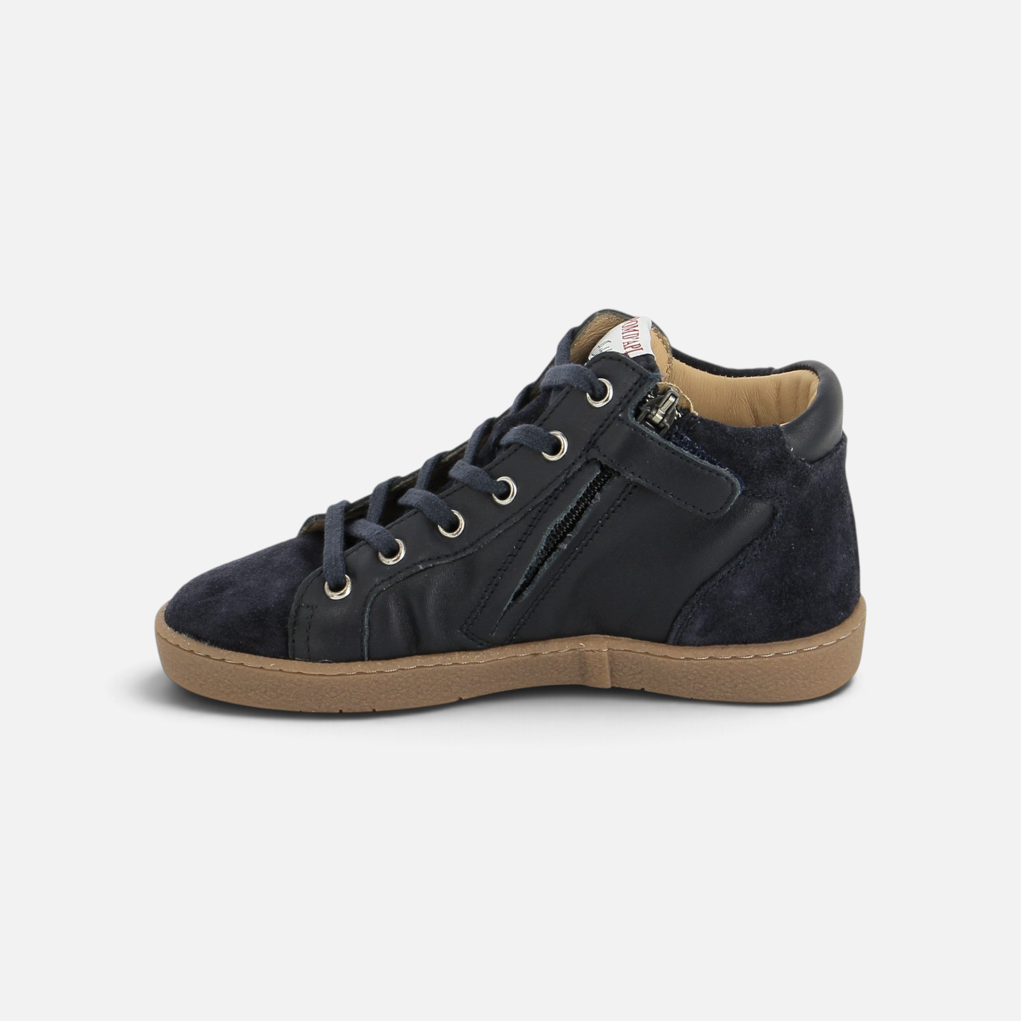 Basket montante Pom d'Api marine en cuir nappa et velours avec lacets et fermeture éclair latérale