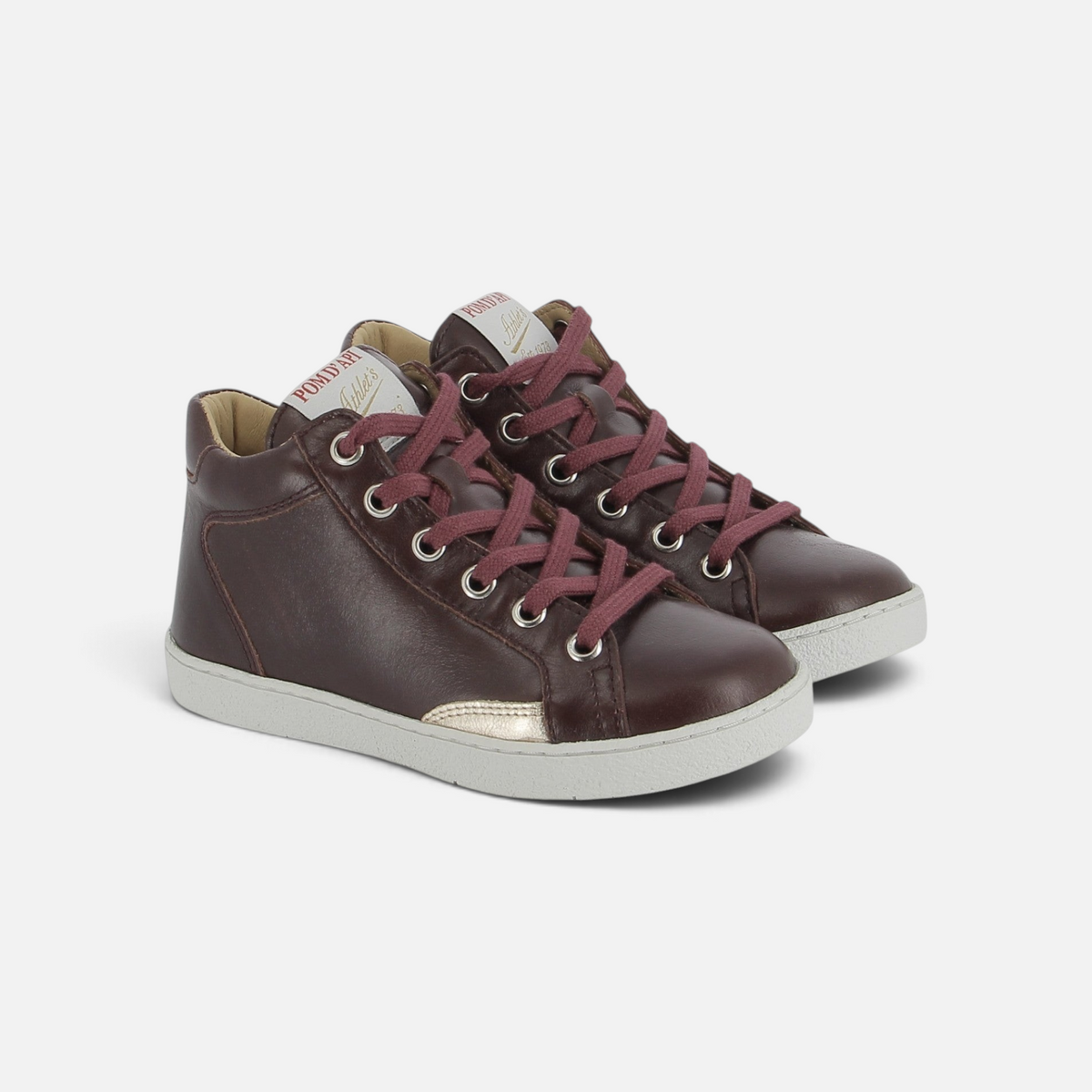 Baskets montantes Pom d'Api Top Zippy en cuir prune avec lacets assortis, zip latéral et semelle en caoutchouc blanc