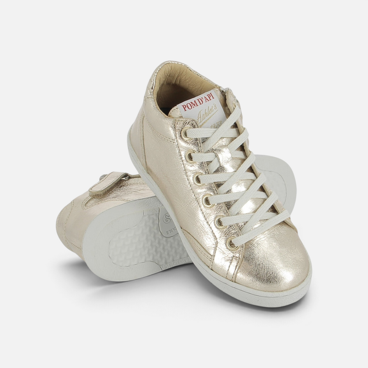 Baskets montantes Pom d'Api Top Zippy en cuir métallisé platine avec lacets blancs et fermeture éclair latérale