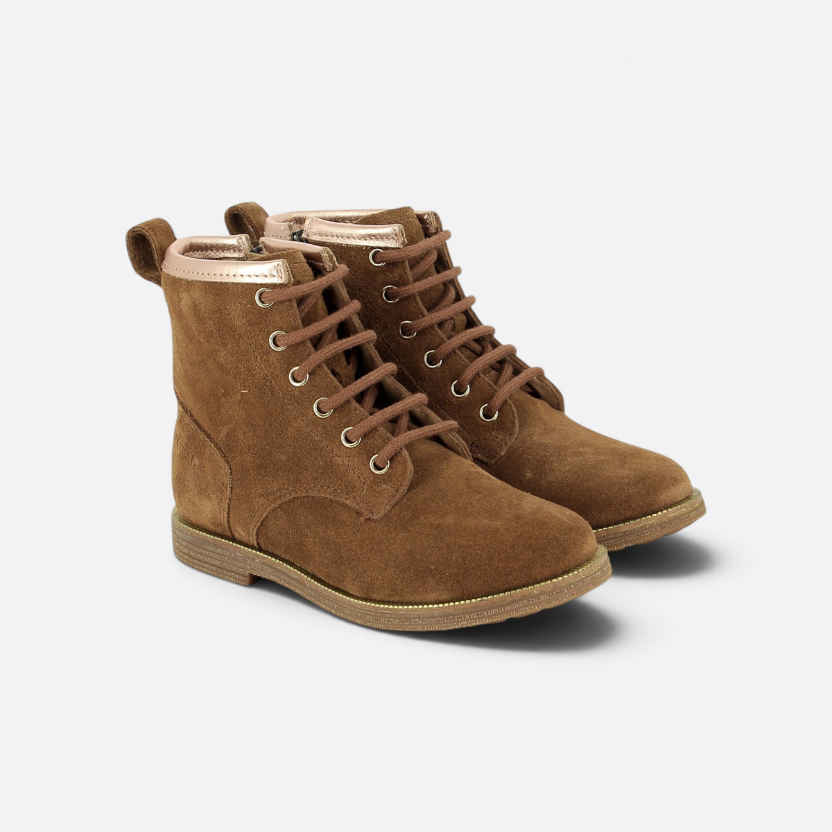 Bottines enfant Pom d'Api Trip Hi Lace SL en velours cognac avec lacets marron et détails métallisés dorés