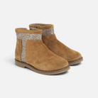 Boots Pom d'Api Trip Trott en cuir velours caramel avec détails glitter platine et fermeture éclair latérale