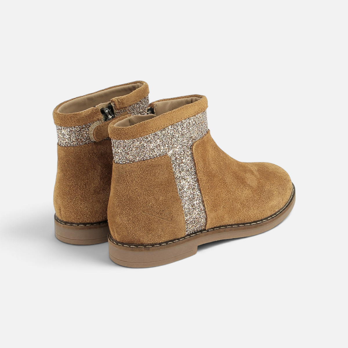 Boots Pom d'Api Trip Trott en cuir velours caramel avec détails glitter et fermeture éclair latérale