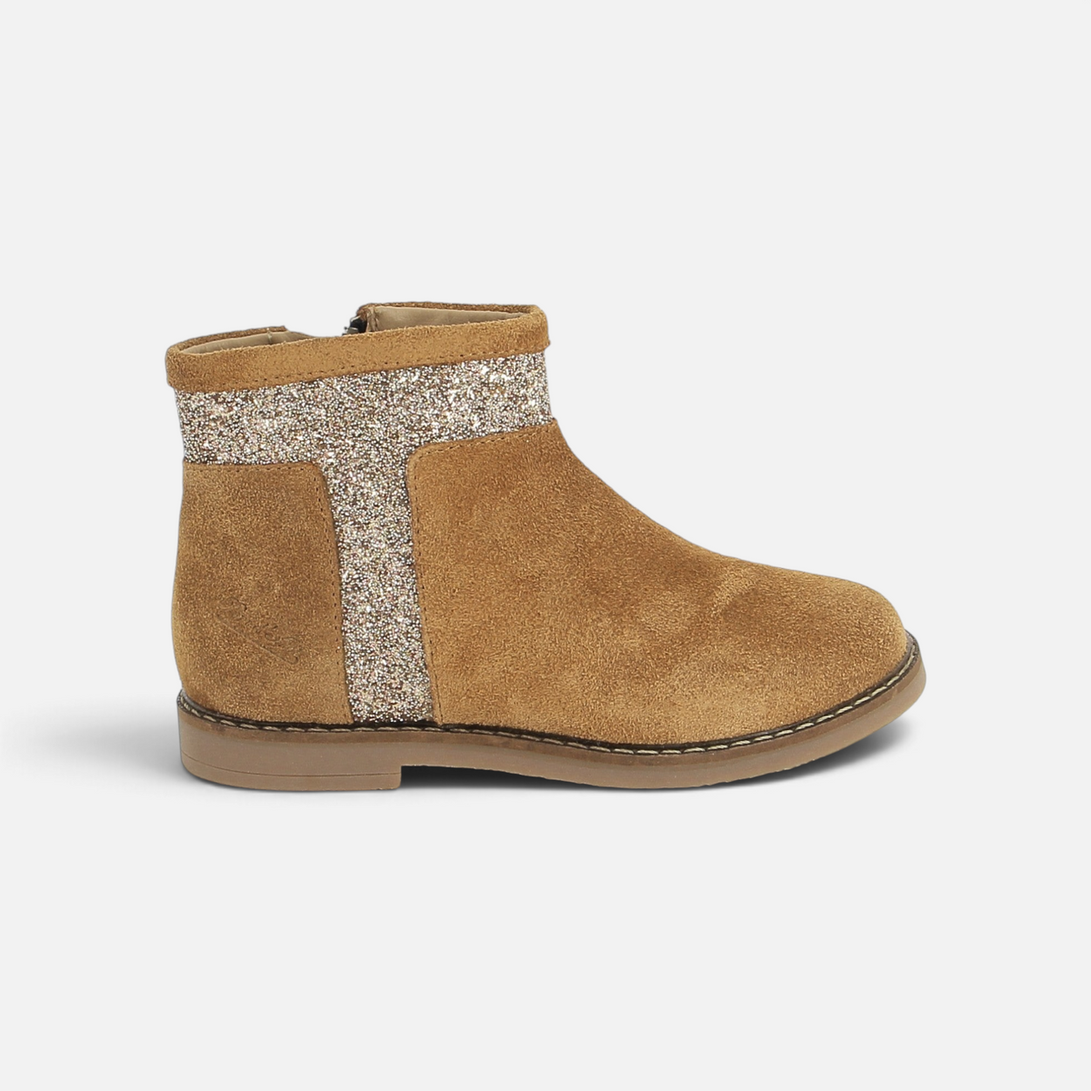 Boots Pom d'Api Trip Trott en cuir velours caramel avec empiècement glitter platine et fermeture zippée latérale