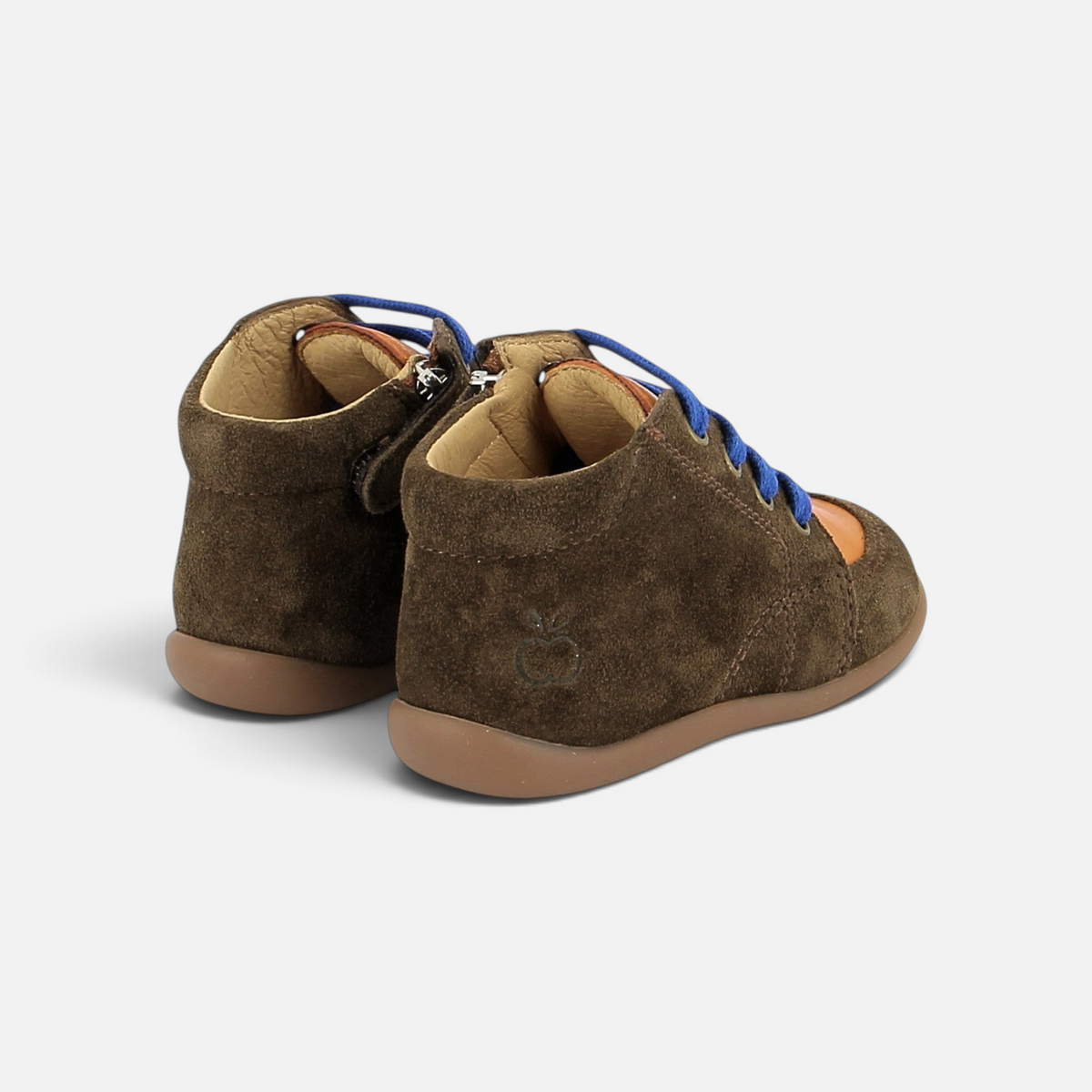 Pom d'Api brown suede first-step shoes with blue laces and a side zipper, rear view