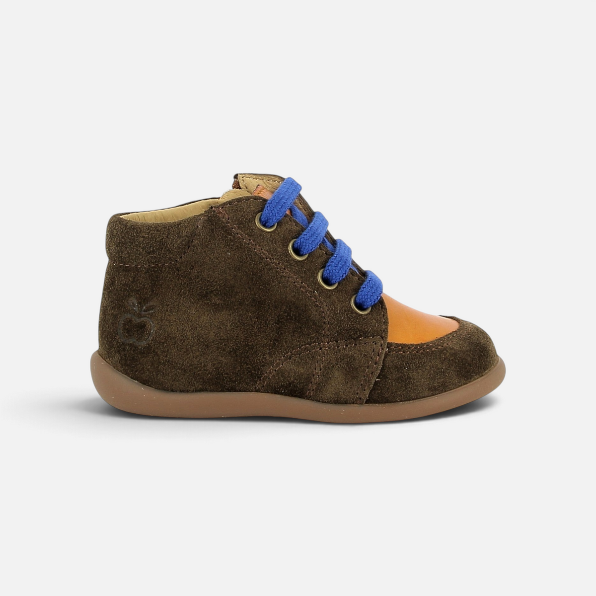Pom d'Api First Steps Shoes in brown suede and orange leather with blue laces and a flexible sole