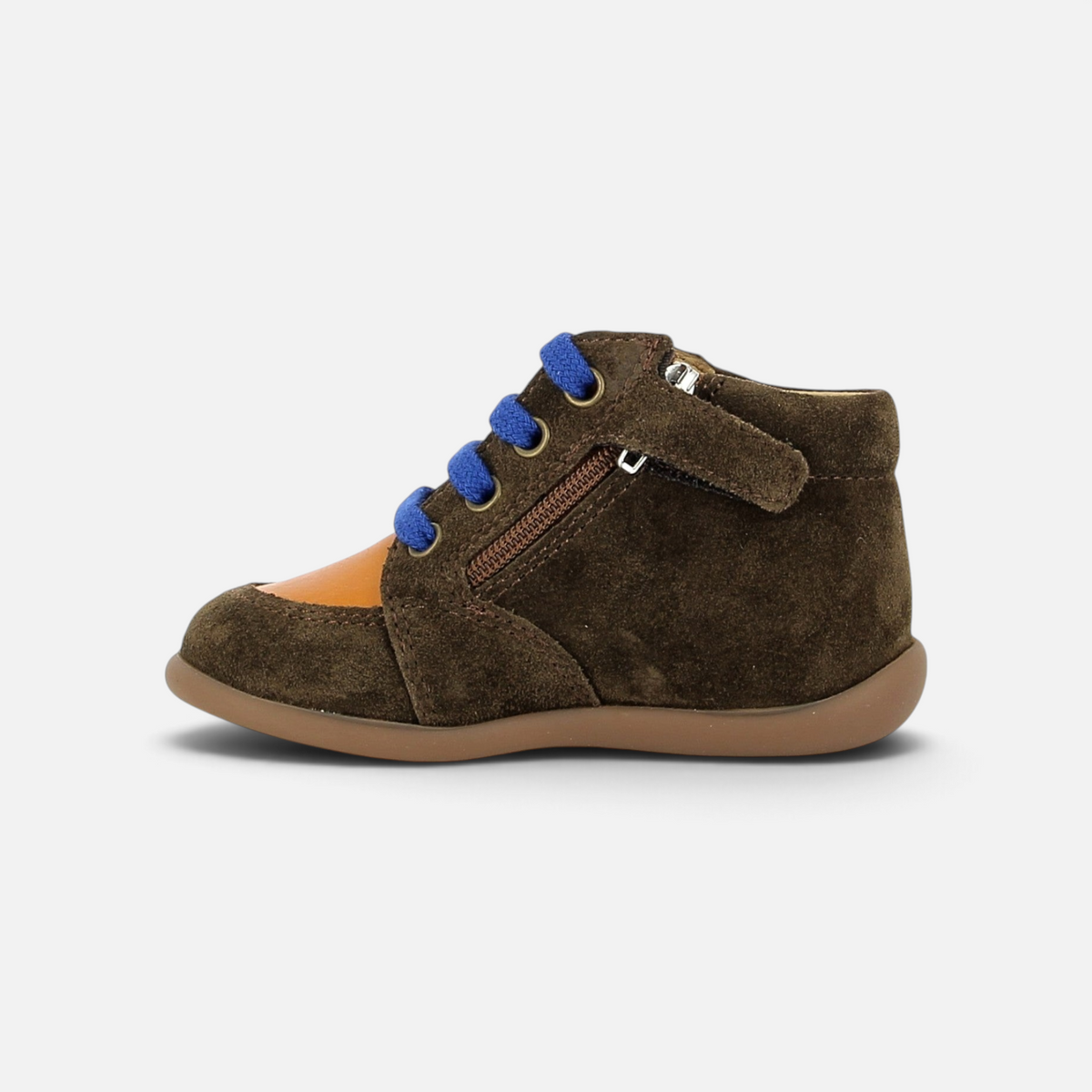 Pom d'Api First Steps Shoes in brown suede and orange leather with blue laces and a side zipper
