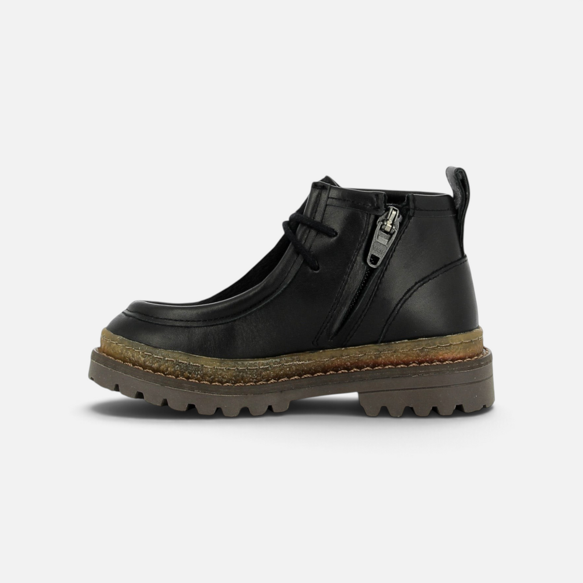 Pom d'Api 's Wall Zip Micky Kids' Ankle Boots in black leather with a thick lug sole and side zipper