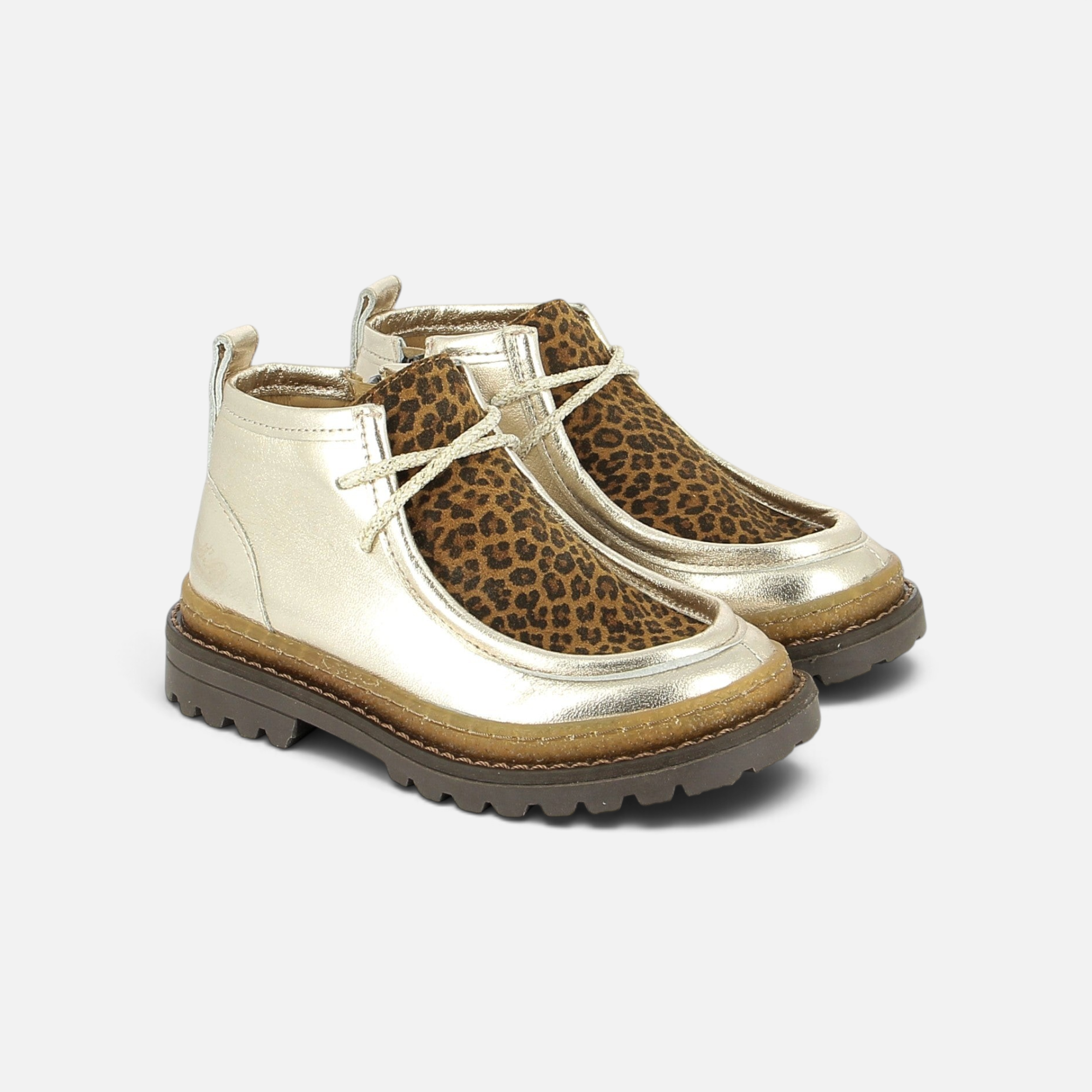 Bottines Pom d'Api Wall Zip en cuir doré et imprimé léopard avec semelle crantée marron pour enfant