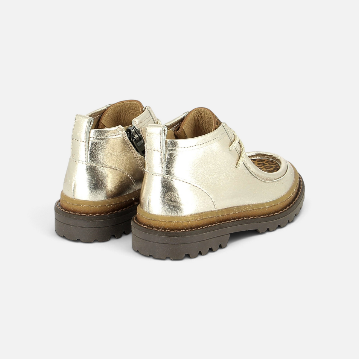 Bottines Pom d'Api Wall Zip dorées en cuir avec semelle crantée et détail léopard, vue arrière