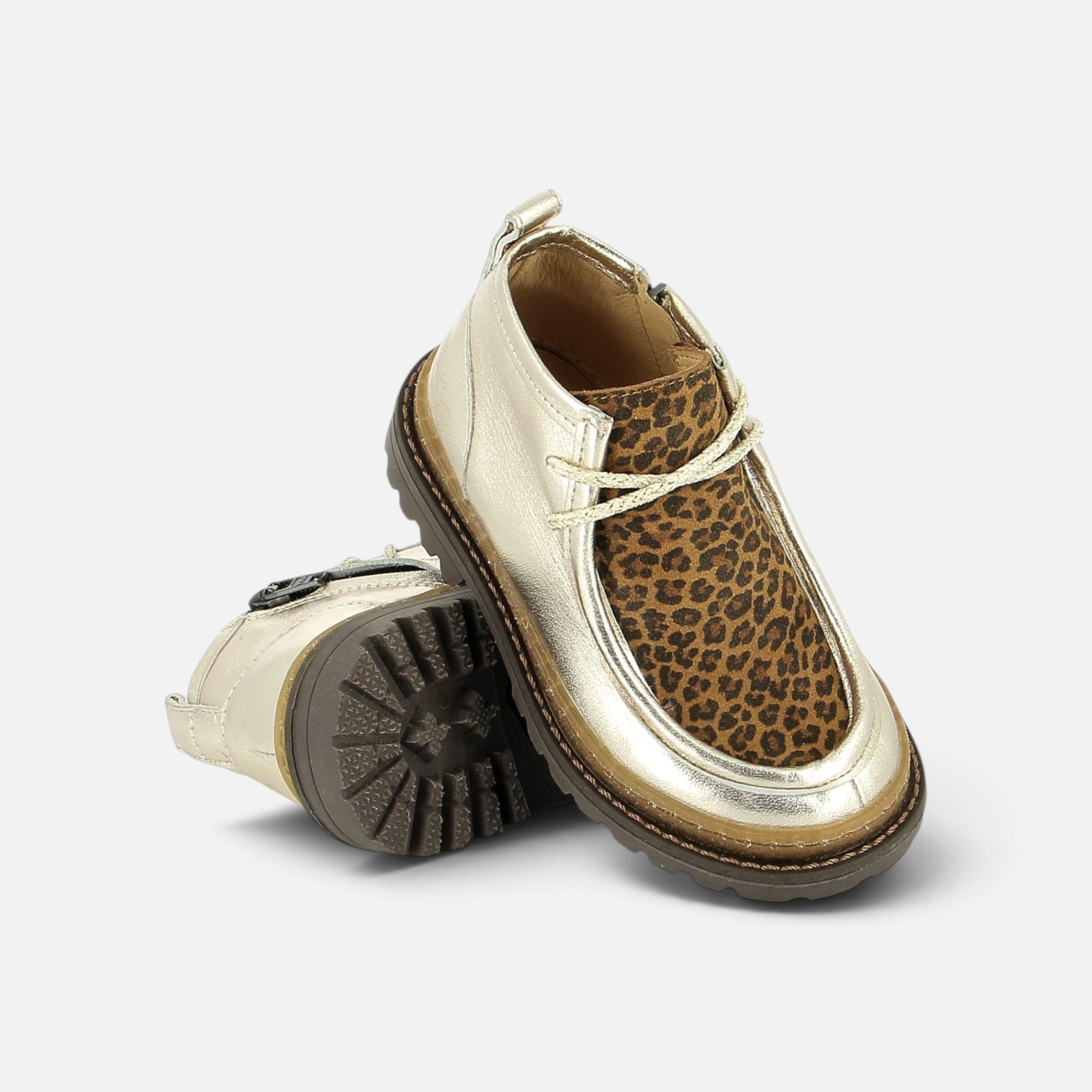 Chaussures enfant Pom d'Api Wall Zip en cuir doré et imprimé léopard avec semelle crantée et fermeture éclair