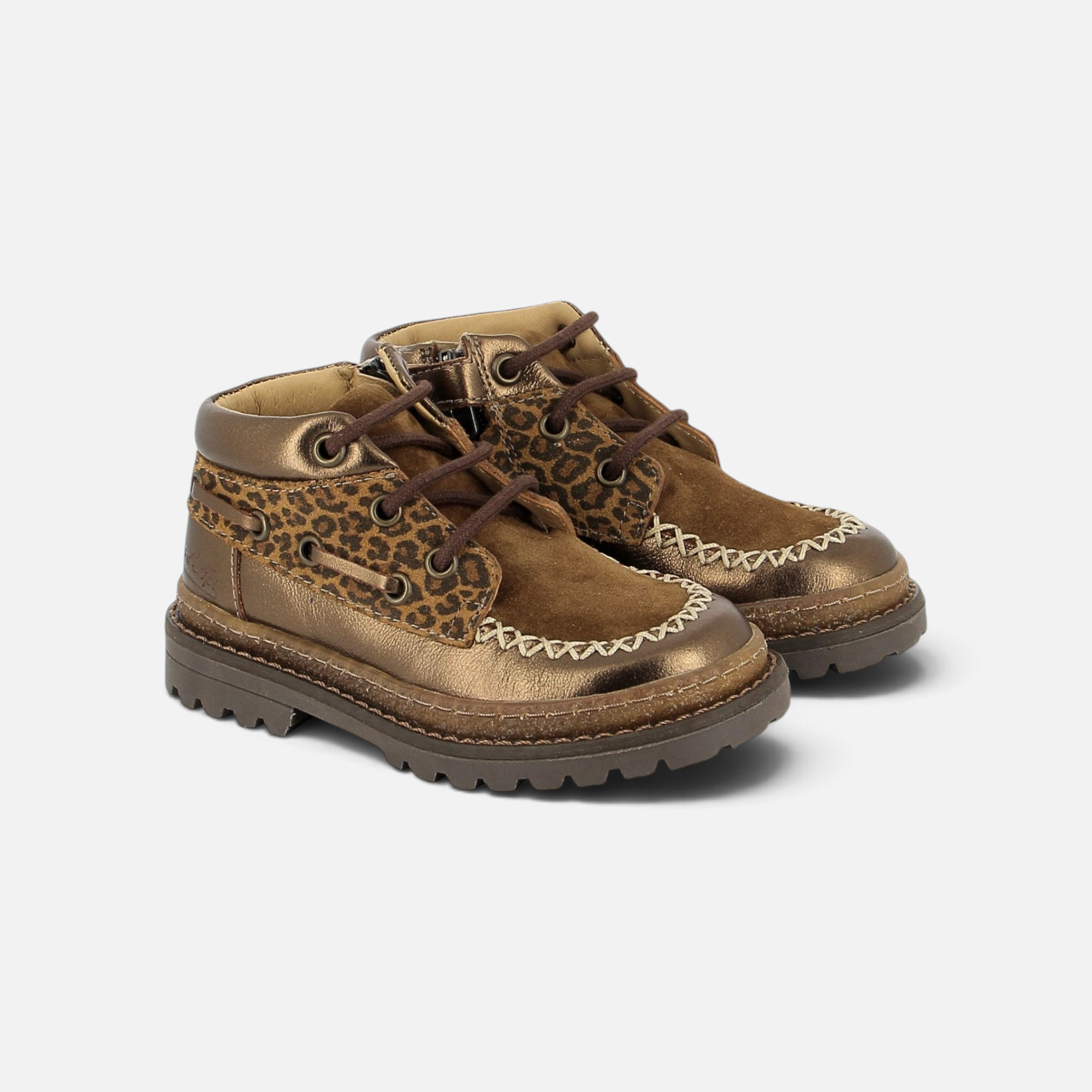 Chaussures enfant Pom d'Api Wall Boat en cuir cuivré et daim imprimé léopard avec semelle crantée et fermeture zippée