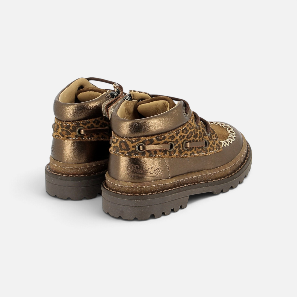 Chaussures enfant Pom d'Api Wall Boat en cuir cuivre métallisé et détails léopard avec semelle crantée
