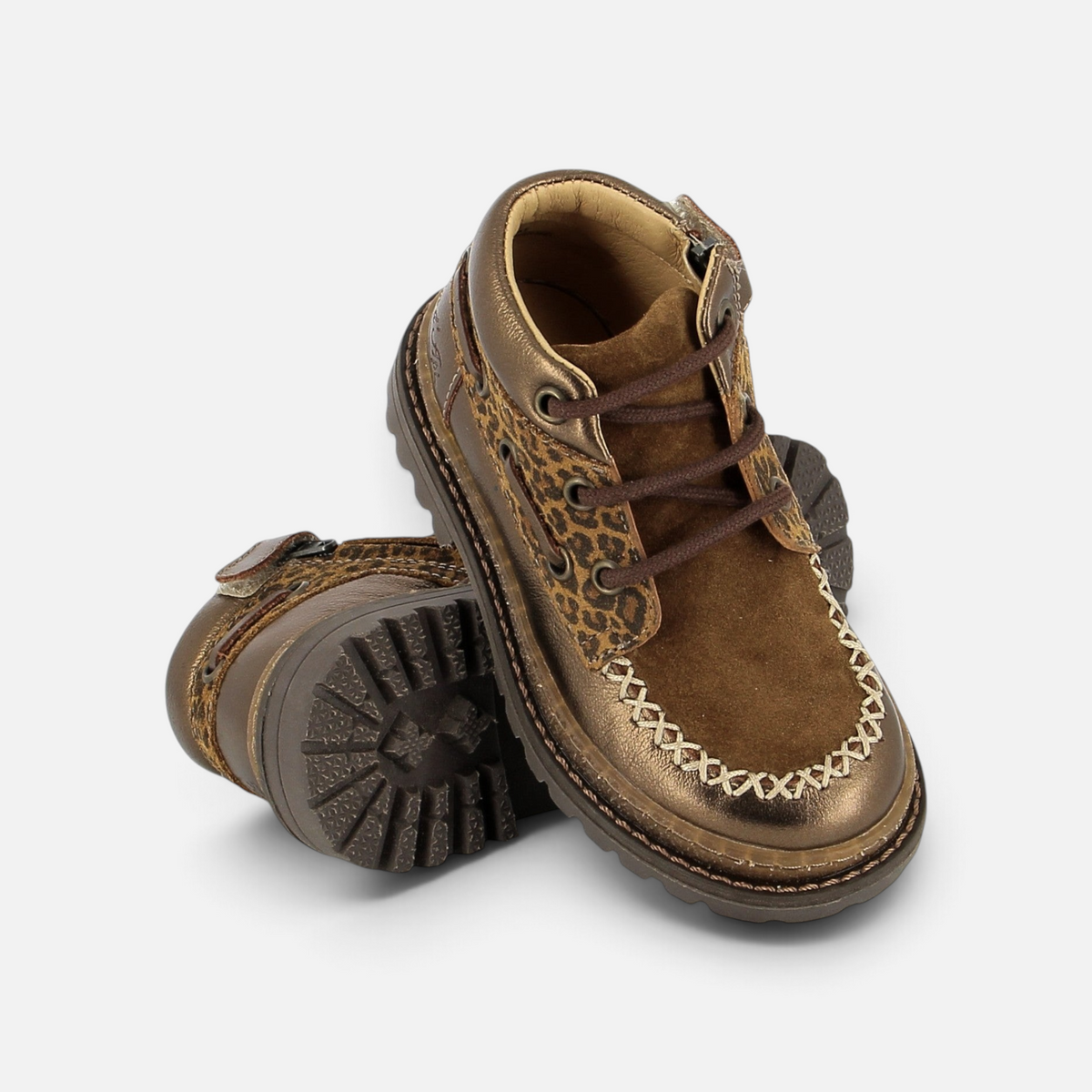 Bottines Pom d'Api Wall Boat en cuir cuivre et imprimé léopard avec semelle crantée et fermeture zippée