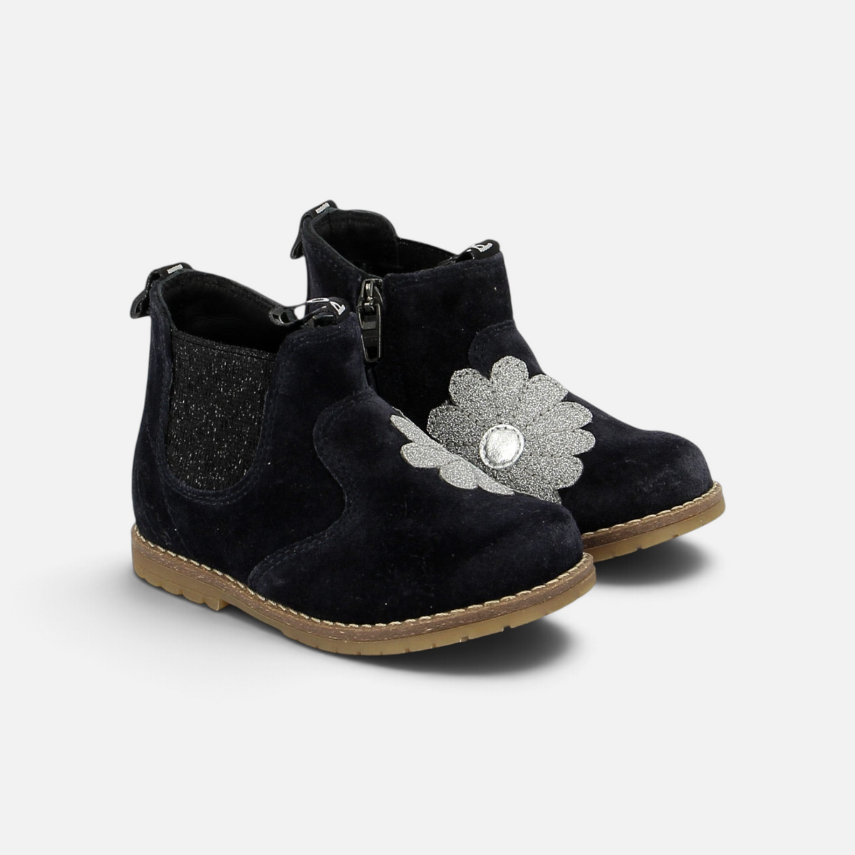 Bottines Chelsea Pom d'Api Bob en velours bleu marine avec fleur argentée scintillante et fermeture éclair latérale