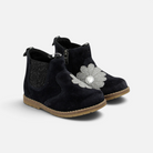 Bottines Chelsea Pom d'Api Bob en velours bleu marine avec fleur argentée scintillante et fermeture éclair latérale