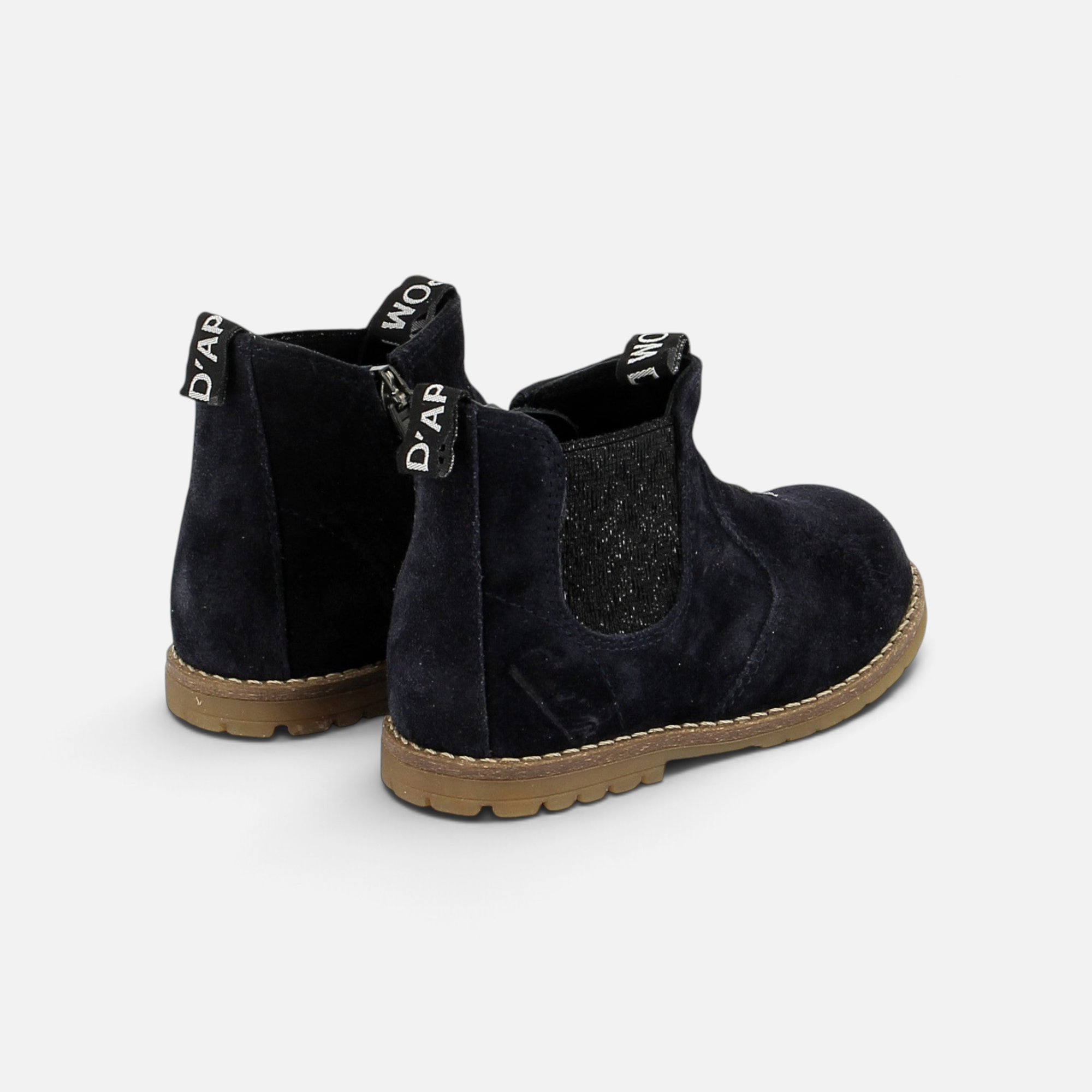 Bottines Chelsea Pom d'Api Bob en velours bleu marine avec zip latéral et tirettes logotées, vue arrière