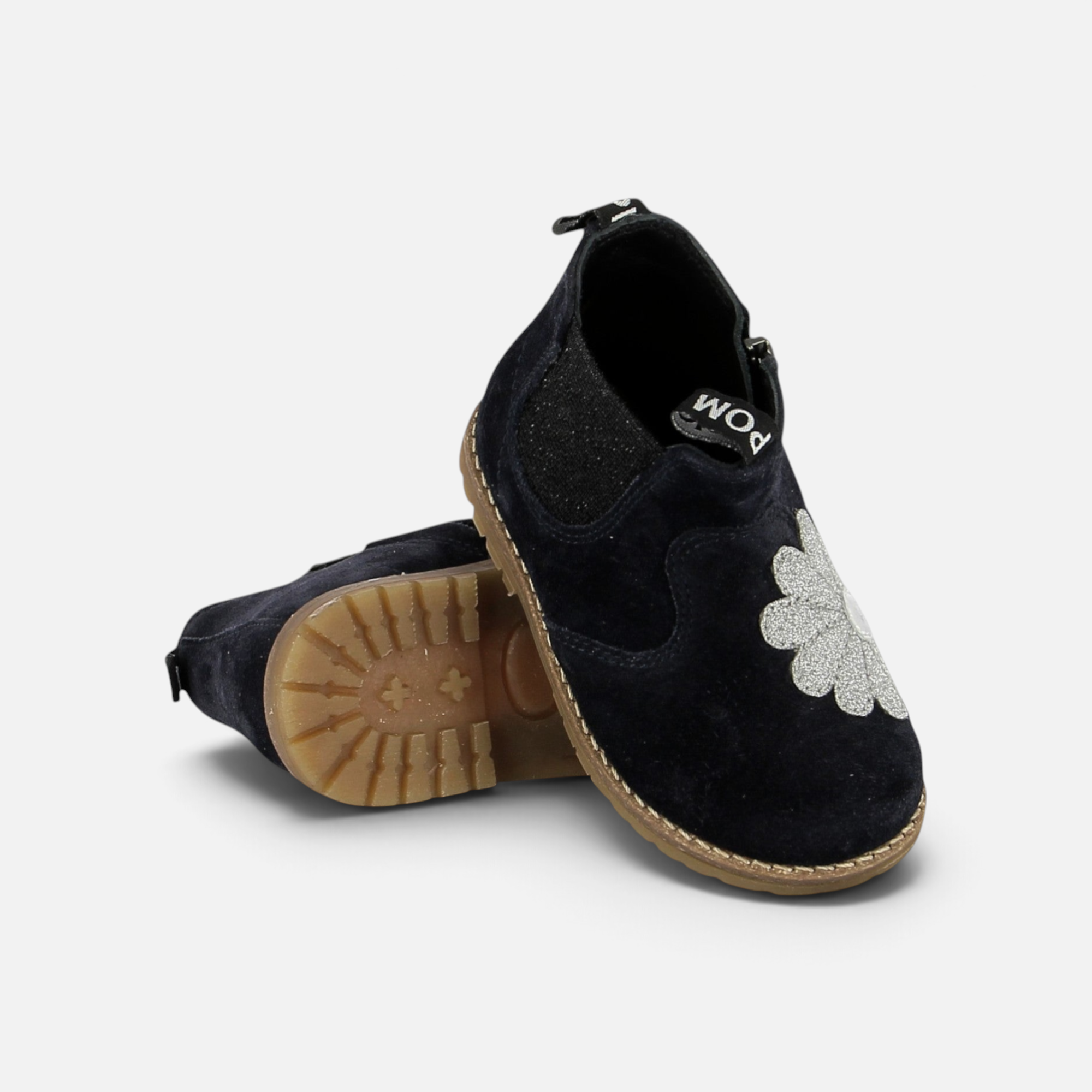 Bottines Chelsea Pom d'Api Bob Zip Flo en velours bleu marine avec motif fleur argentée et semelle antidérapante