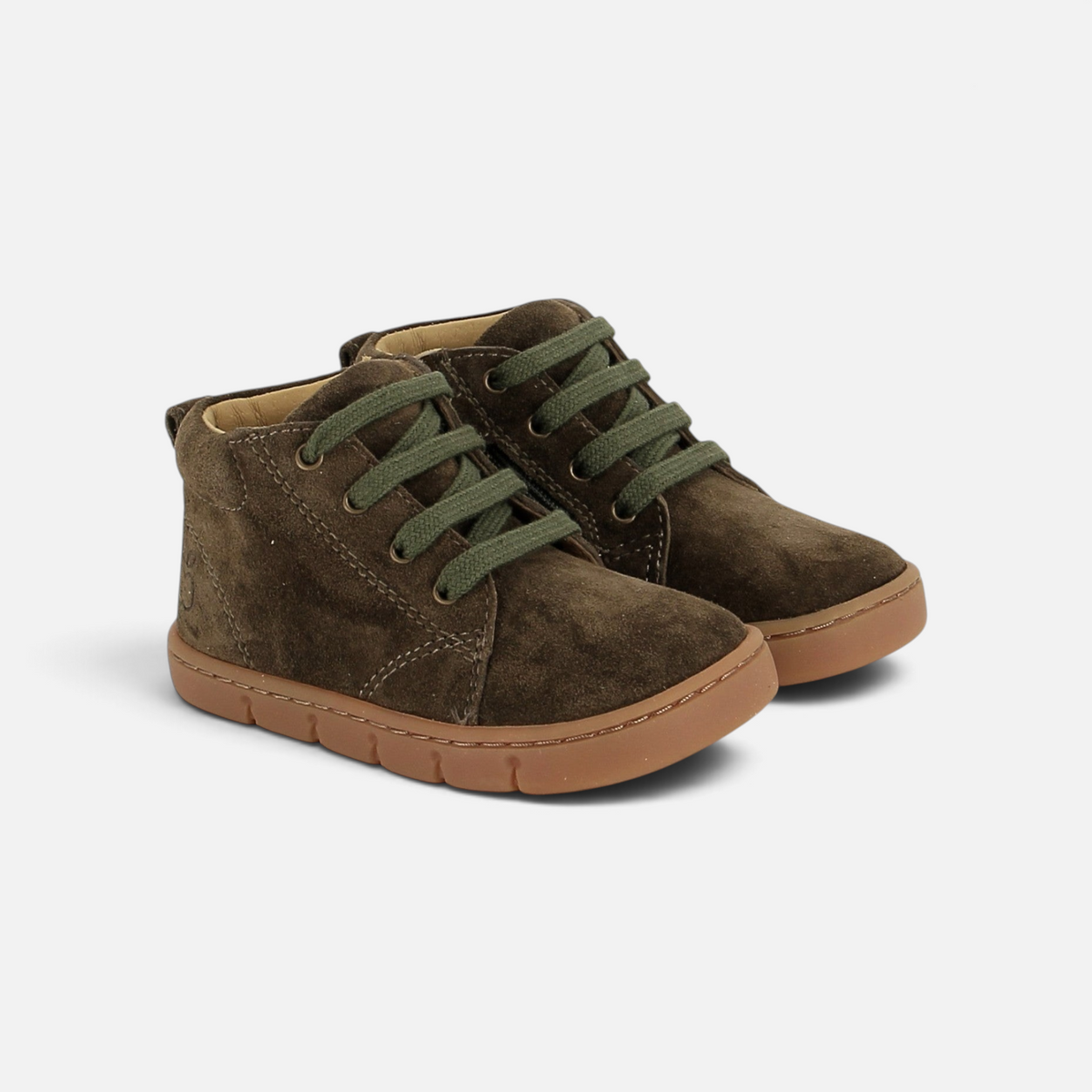 Pom d'Api Teko barefoot shoes in brown suede with khaki laces, a flexible sole, and a side zipper